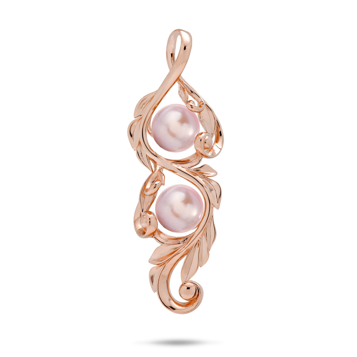 41mm Pick A Pearl Maile Scroll Pendant in 14k Rose Gold with Double Lavender Pearls on a white background