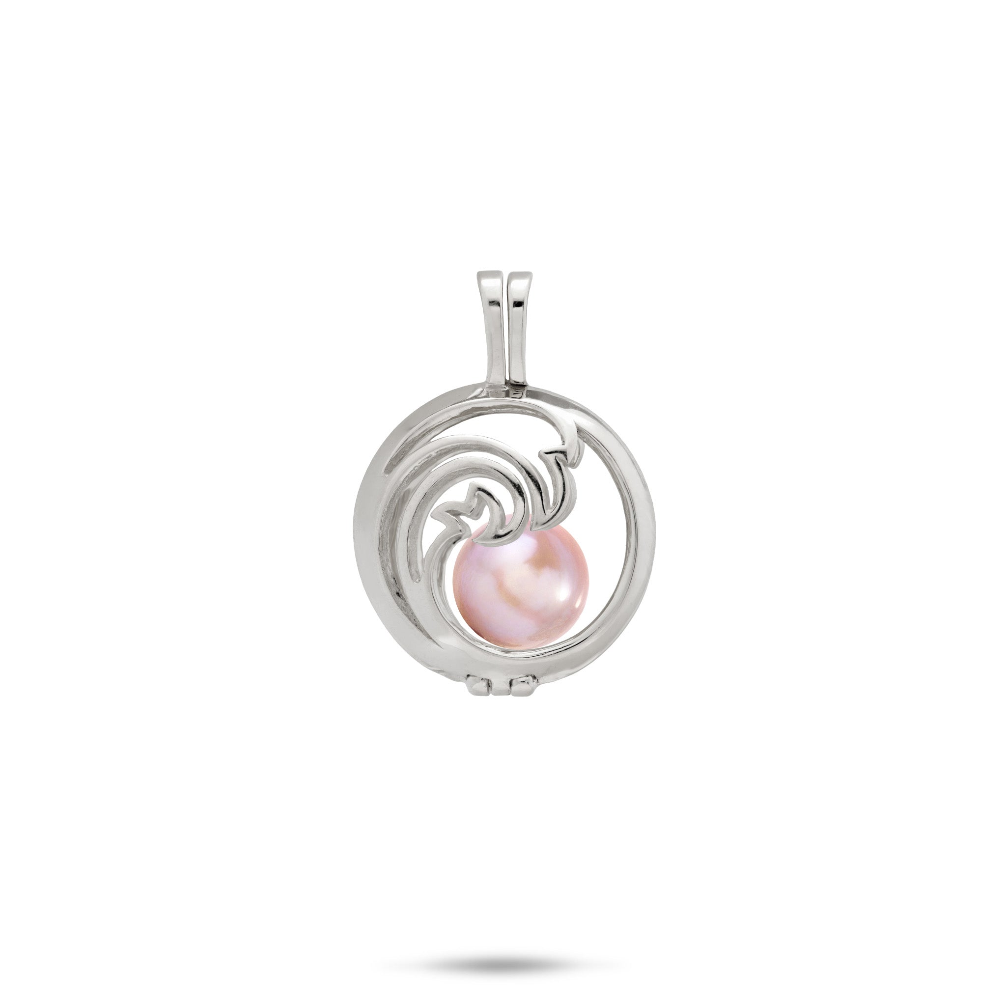 Pick A Pearl Nalu Cage Pendant in 14k White Gold with a Lavender Freshwater Pearl on a white background