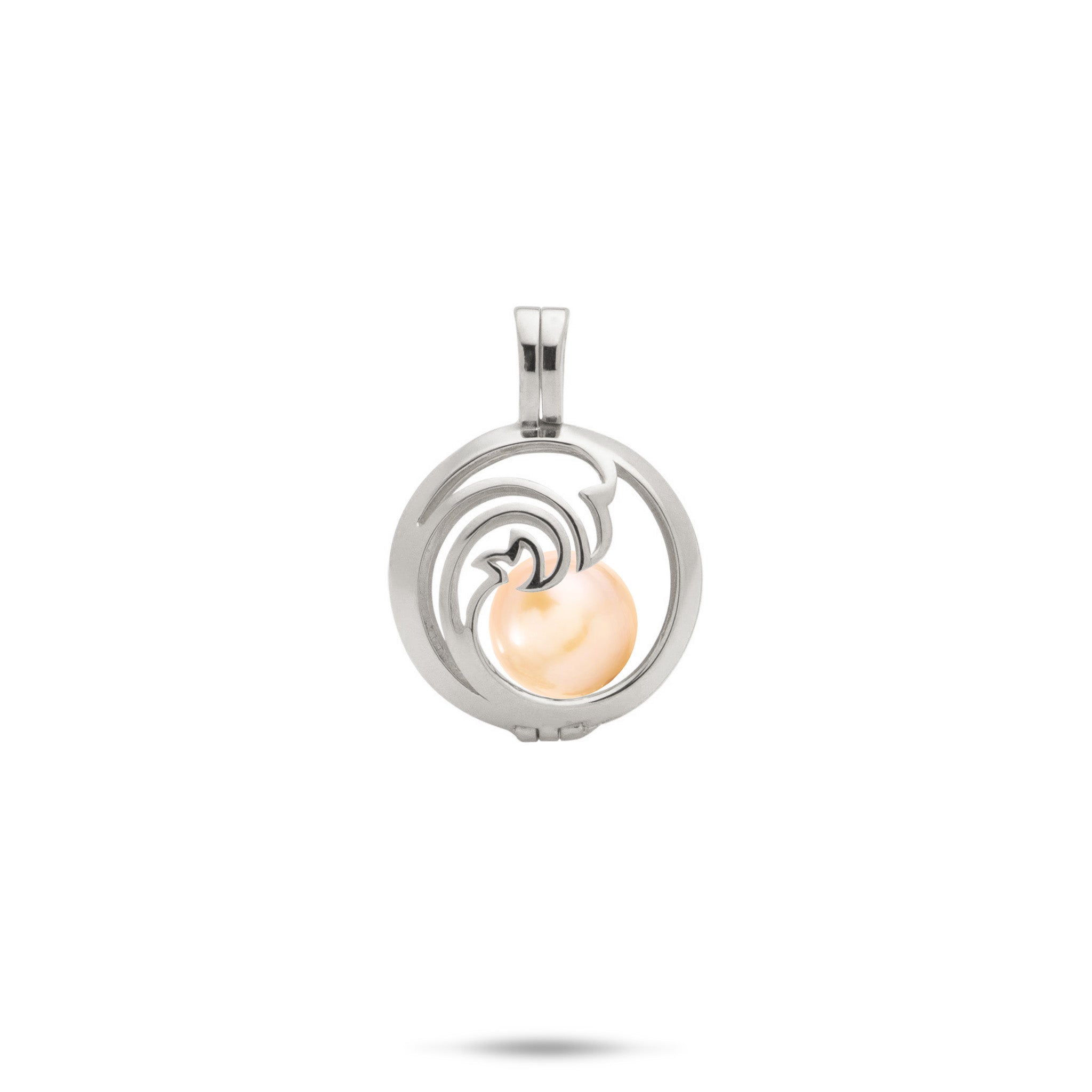 Pick A Pearl Nalu Cage Pendant in White Gold with a Peach Freshwater Pearl on a white background