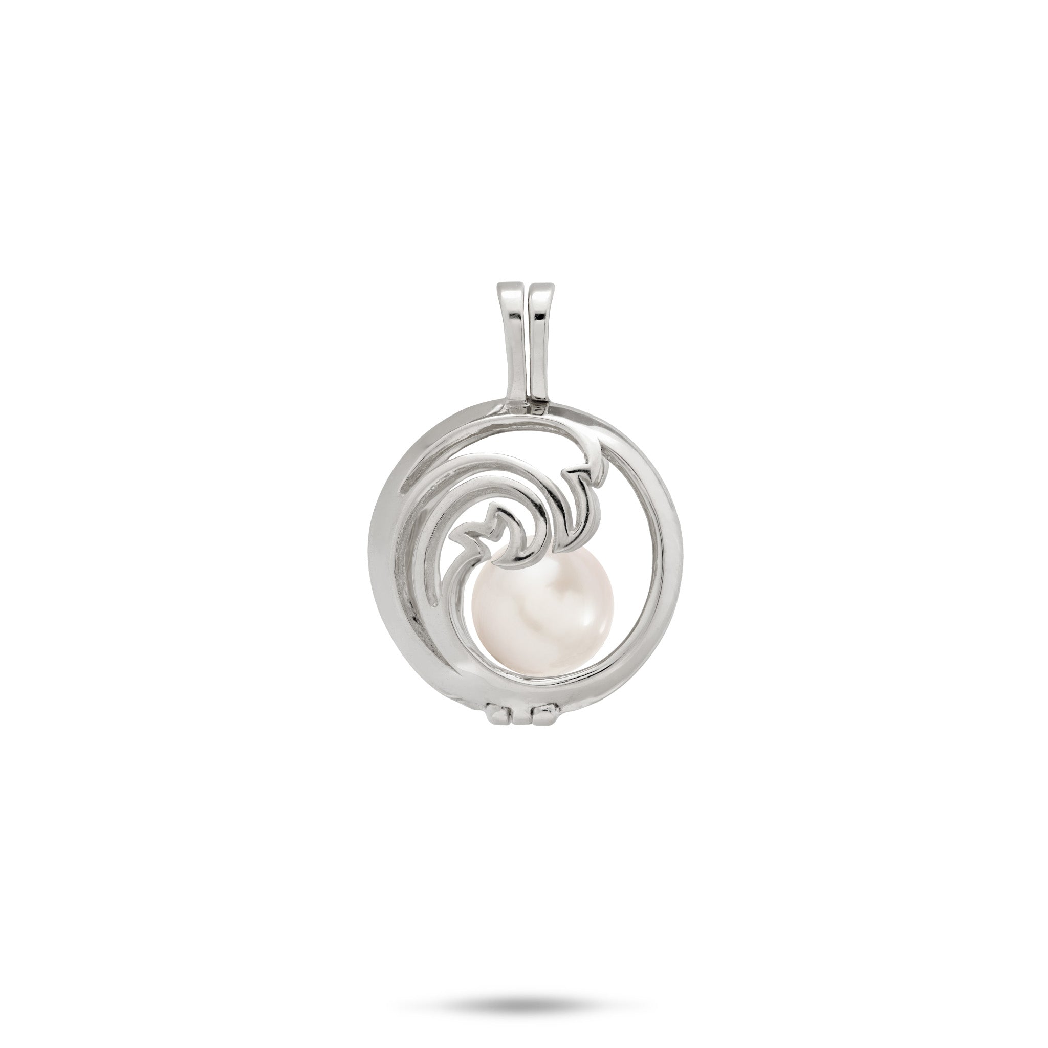 Pick A Pearl Nalu Cage Pendant in 14k White Gold with a White Freshwater Pearl on a white background