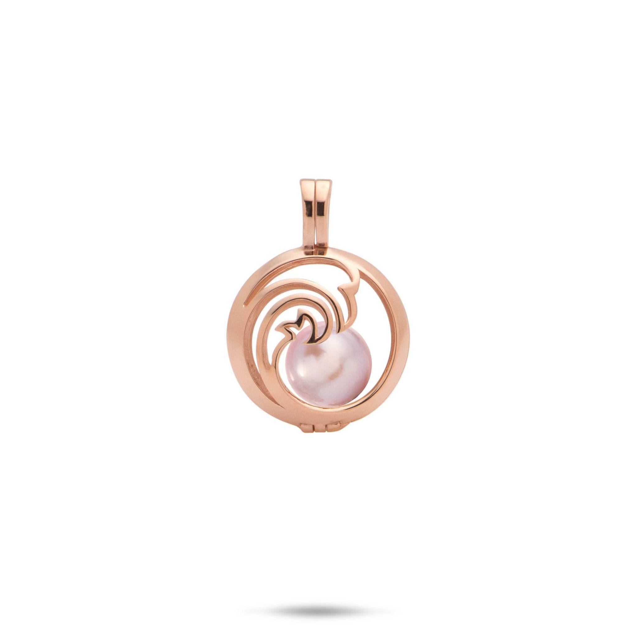 Pick A Pearl Nalu Cage Pendant in Rose Gold with a Lavender Freshwater Pearl on a white background