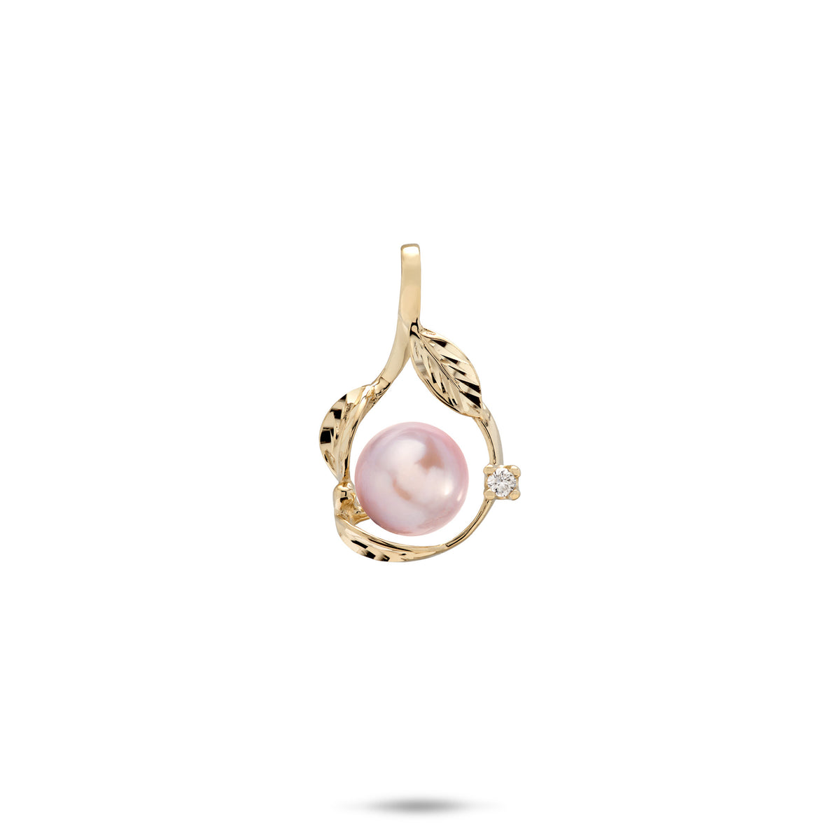 20mm Pick A Pearl Maile Pendant in 14k Yellow Gold with Diamond with a Lavender Pearl on a white background