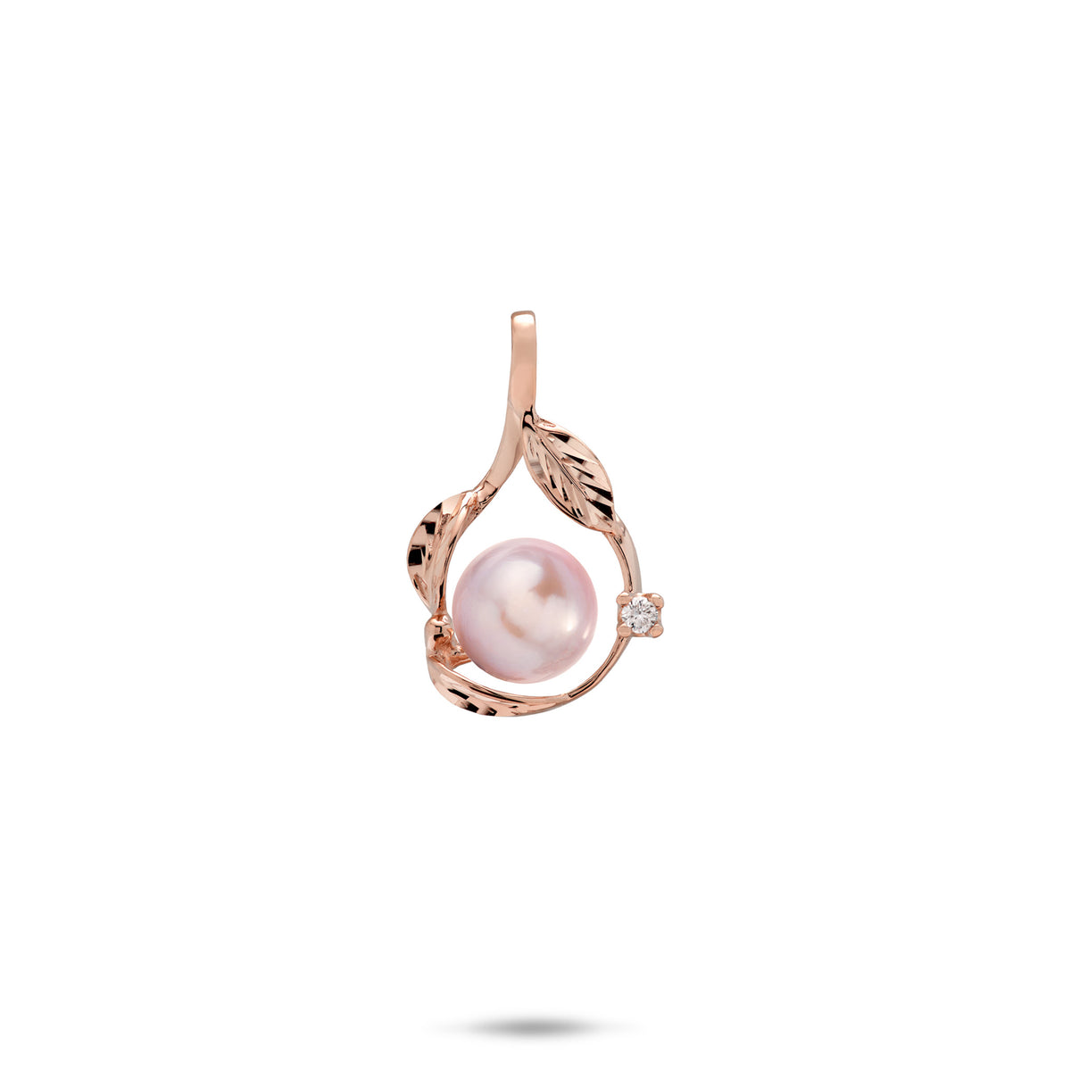 20mm Pick A Pearl Maile Pendant in Rose Gold with Diamond and Lavender Pearl on a white background