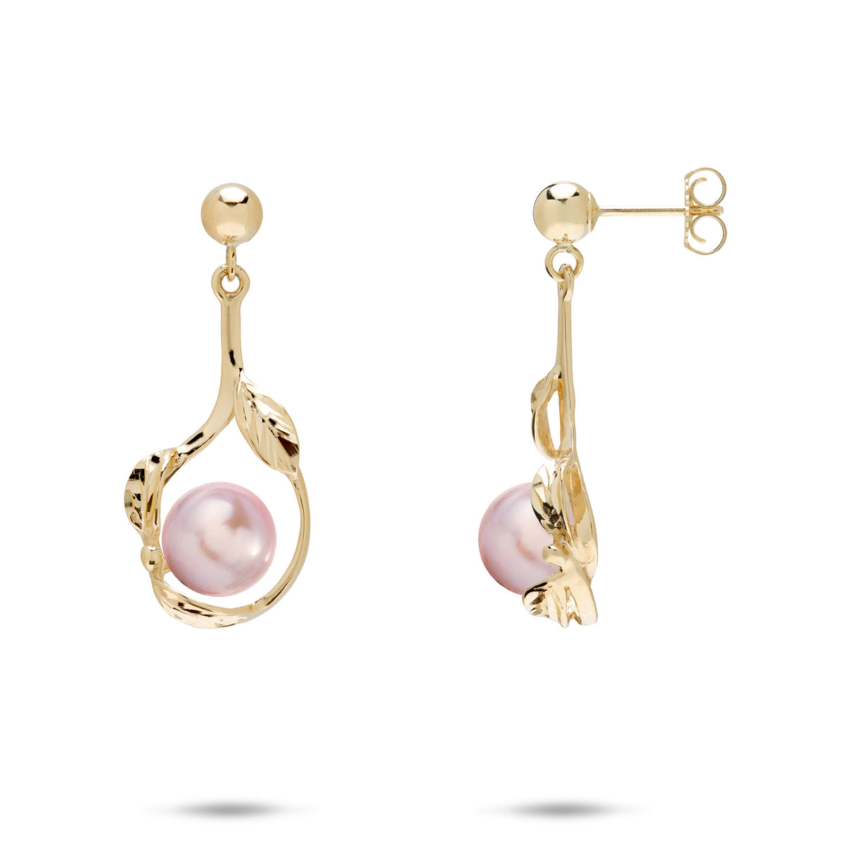 23mm Pick A Pearl Maile Earrings in 14k yellow Gold with Lavender Pearls on a white background