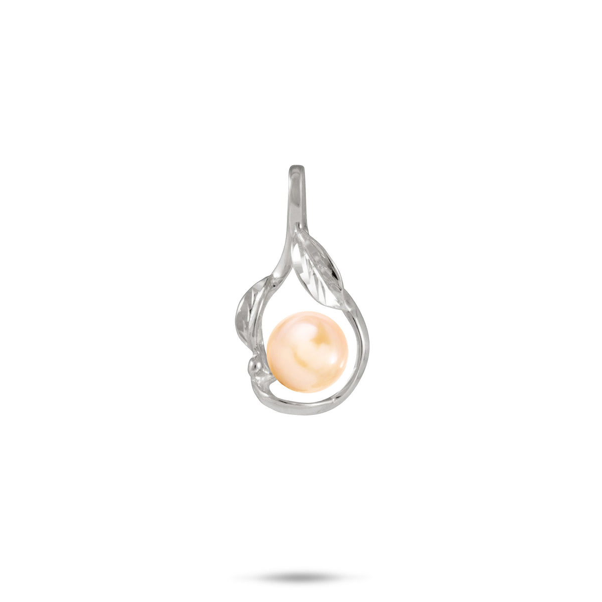 21mm Pick A Pearl Maile Pendant in White Gold with a Peach Pearl on a white background