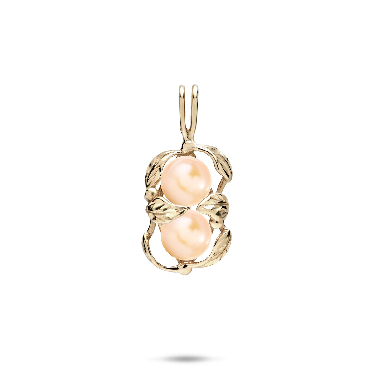 18mm Pick A Pearl Maile Pendant in Gold with Double Peach Pearls on a white background