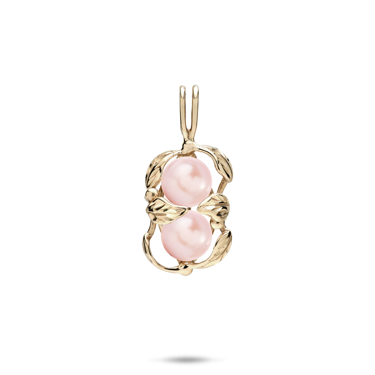 18mm Pick A Pearl Maile Pendant in Gold with Double Pink Pearls on a white background