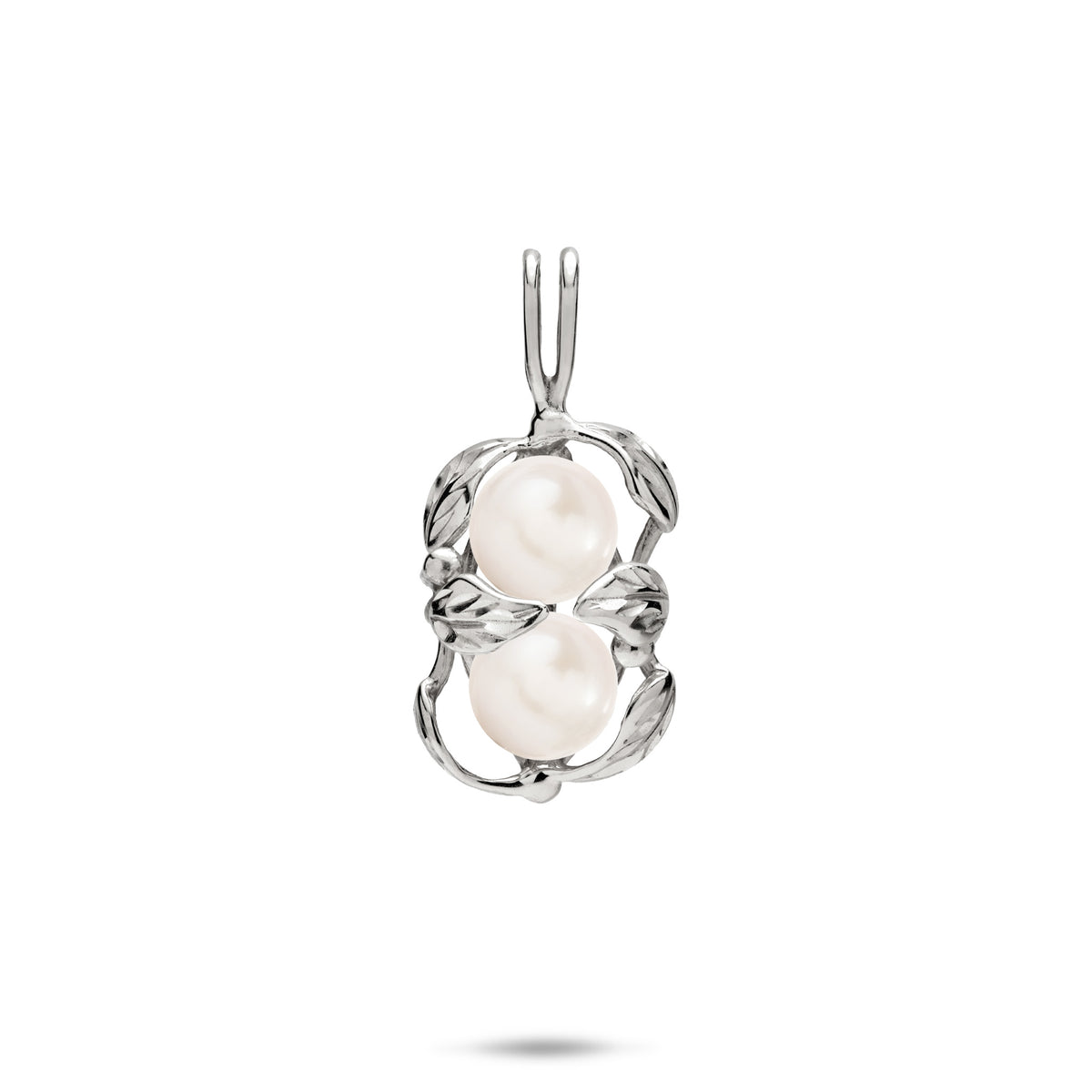 18mm Pick A Pearl Maile Pendant in 14k White Gold with Double White Pearls on a white Background
