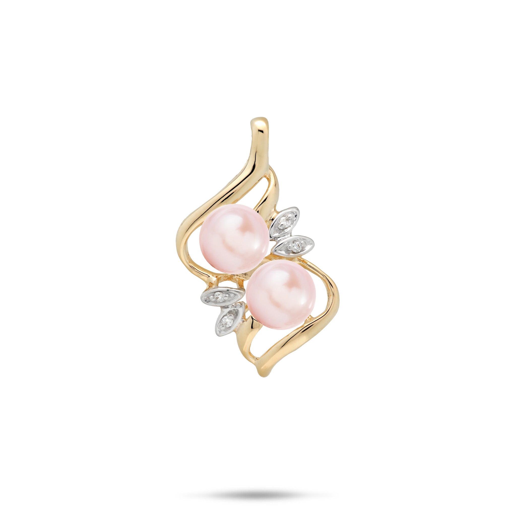 A 14k yellow gold pendant featuring two pink freshwater pearls and small clear diamonds in a maile leaf style setting, set against a plain white background