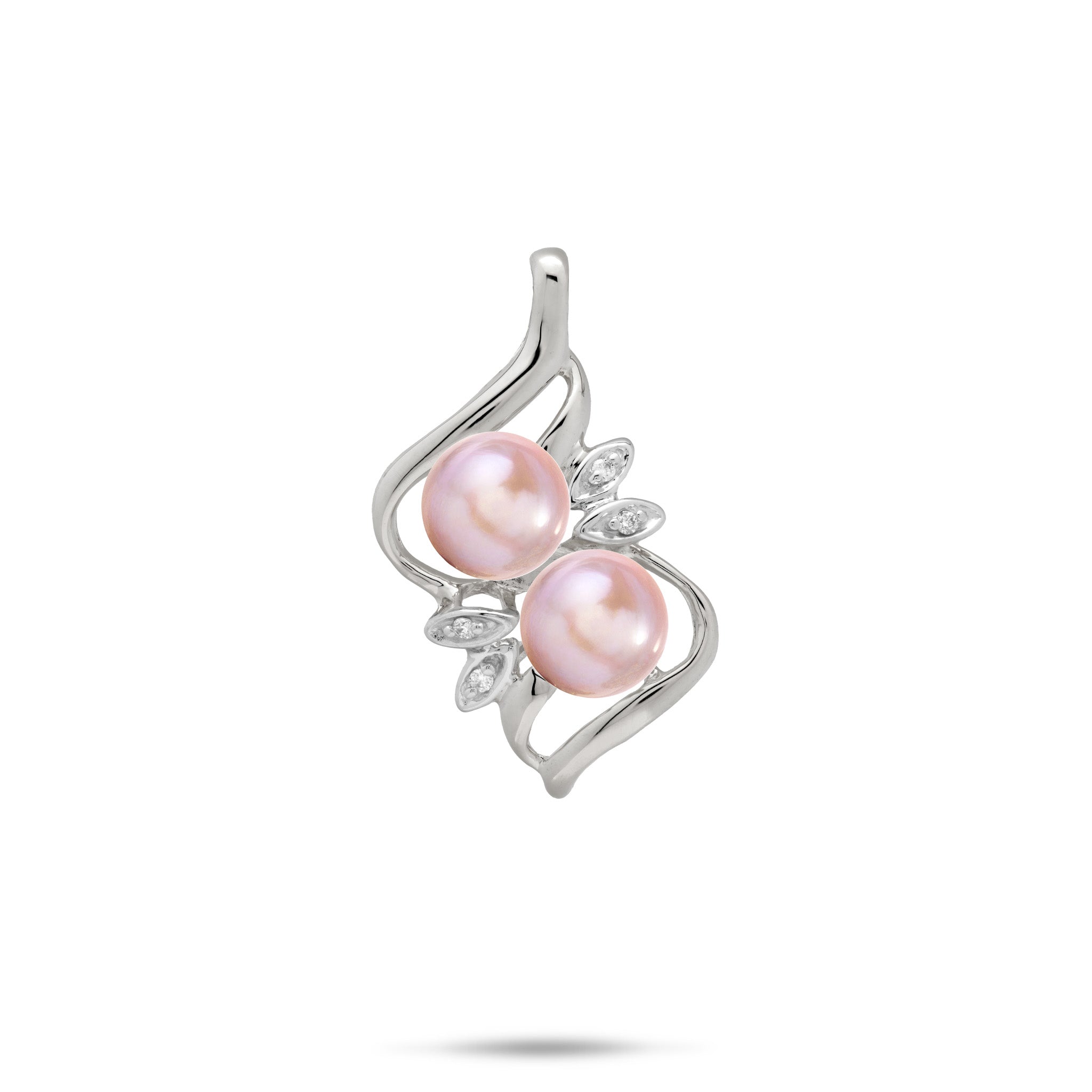 A 14k white gold pendant featuring two lavender freshwater pearls and diamonds in maile leaf style settings, set against a plain white background
