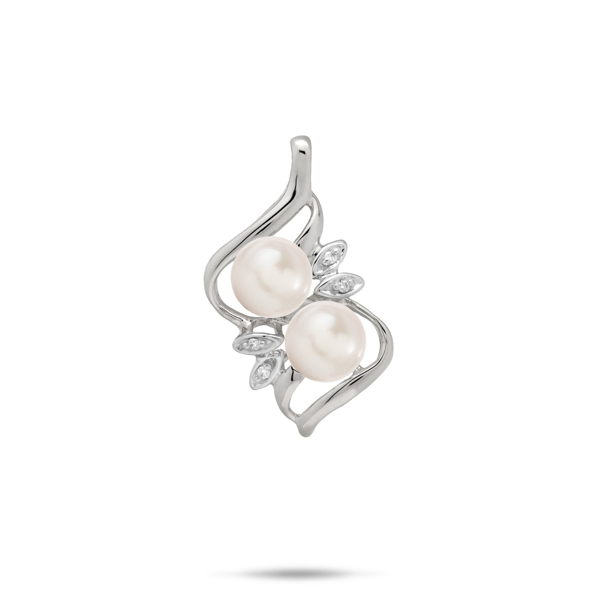 A 14k white gold pendant featuring two white freshwater pearls and diamonds in maile leaf style settings, set against a plain white background