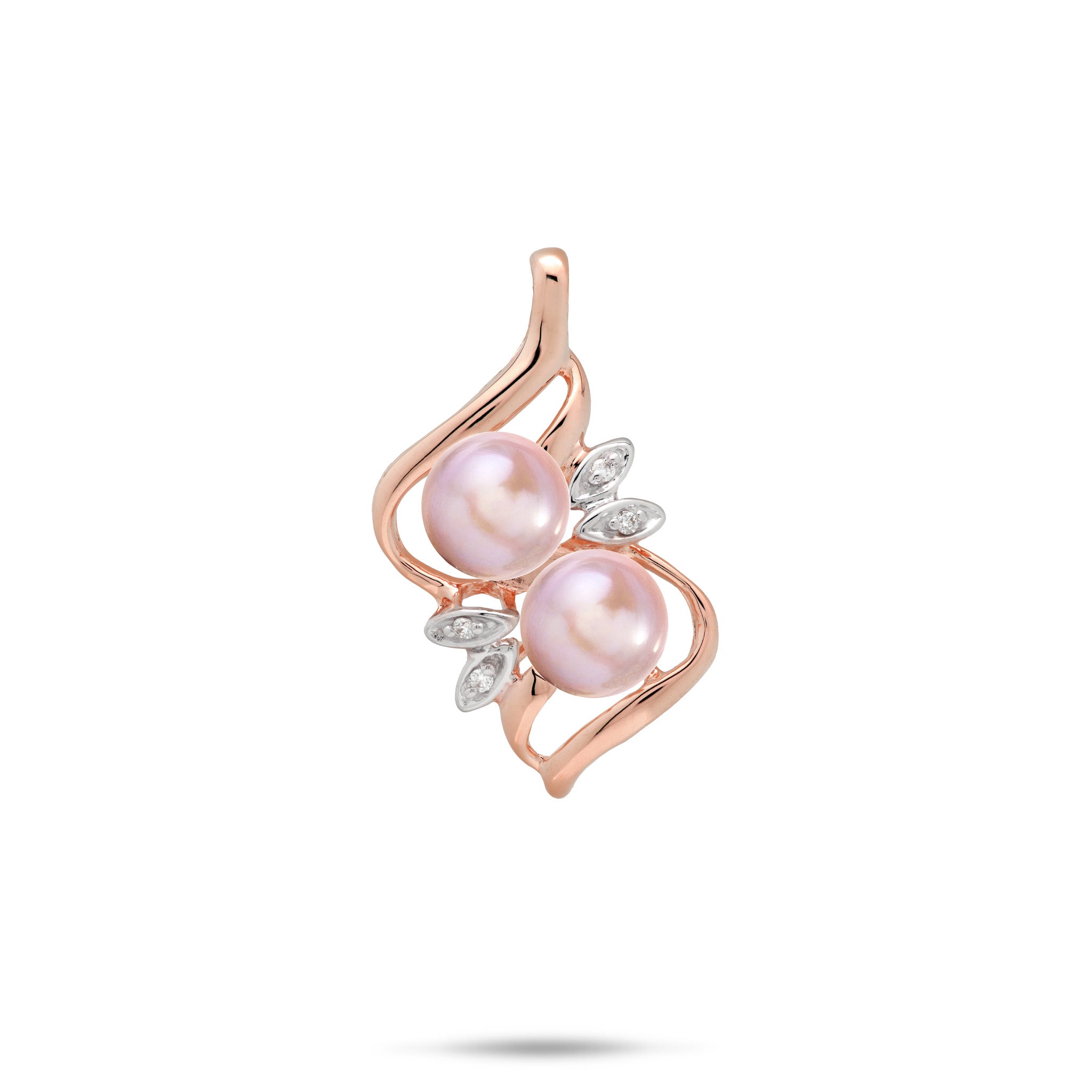 A 14k rose gold pendant featuring two lavender freshwater pearls and diamonds in maile leaf style settings, set against a plain white background
