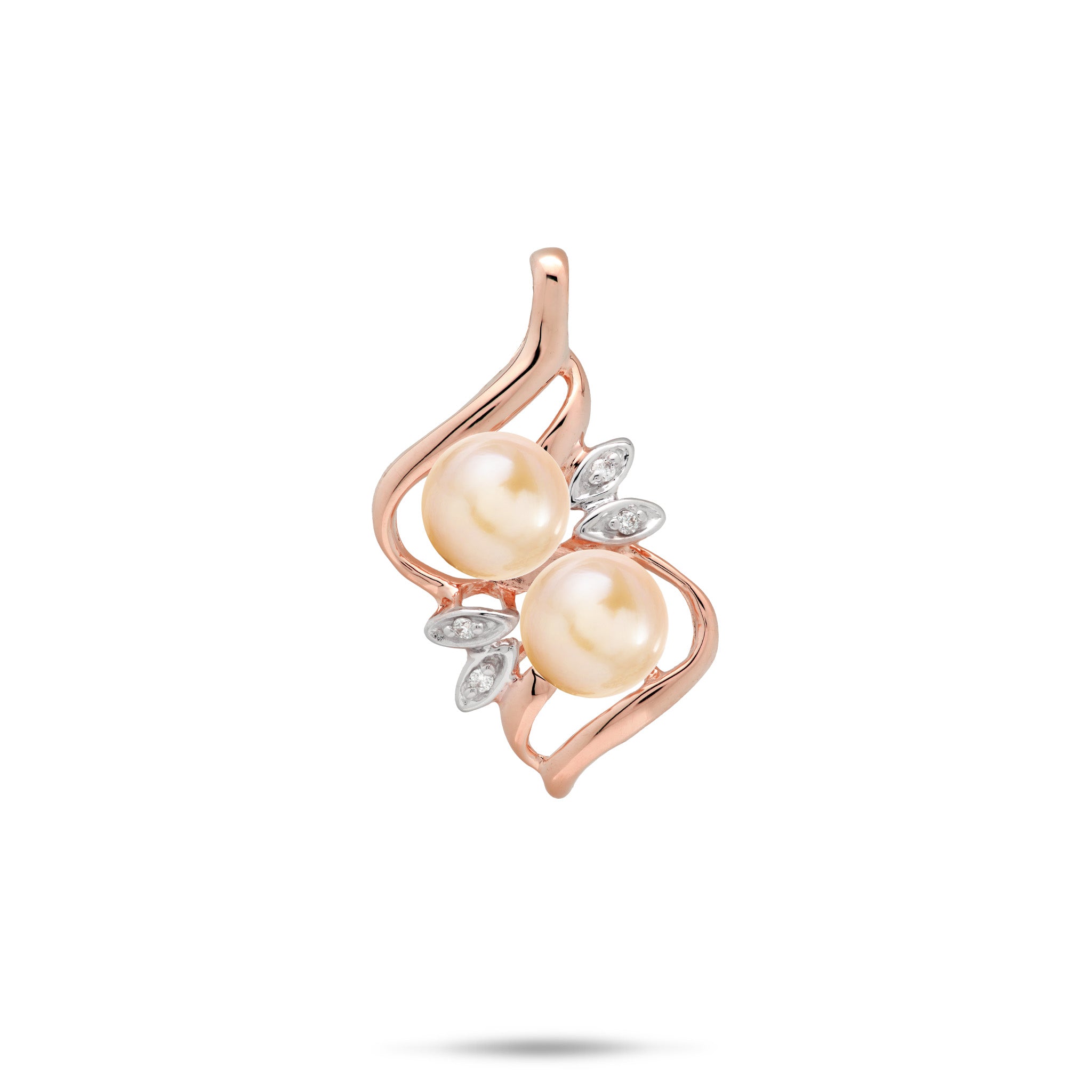 A 14k rose gold pendant featuring two peach freshwater pearls and diamonds in maile leaf style settings, set against a plain white background
