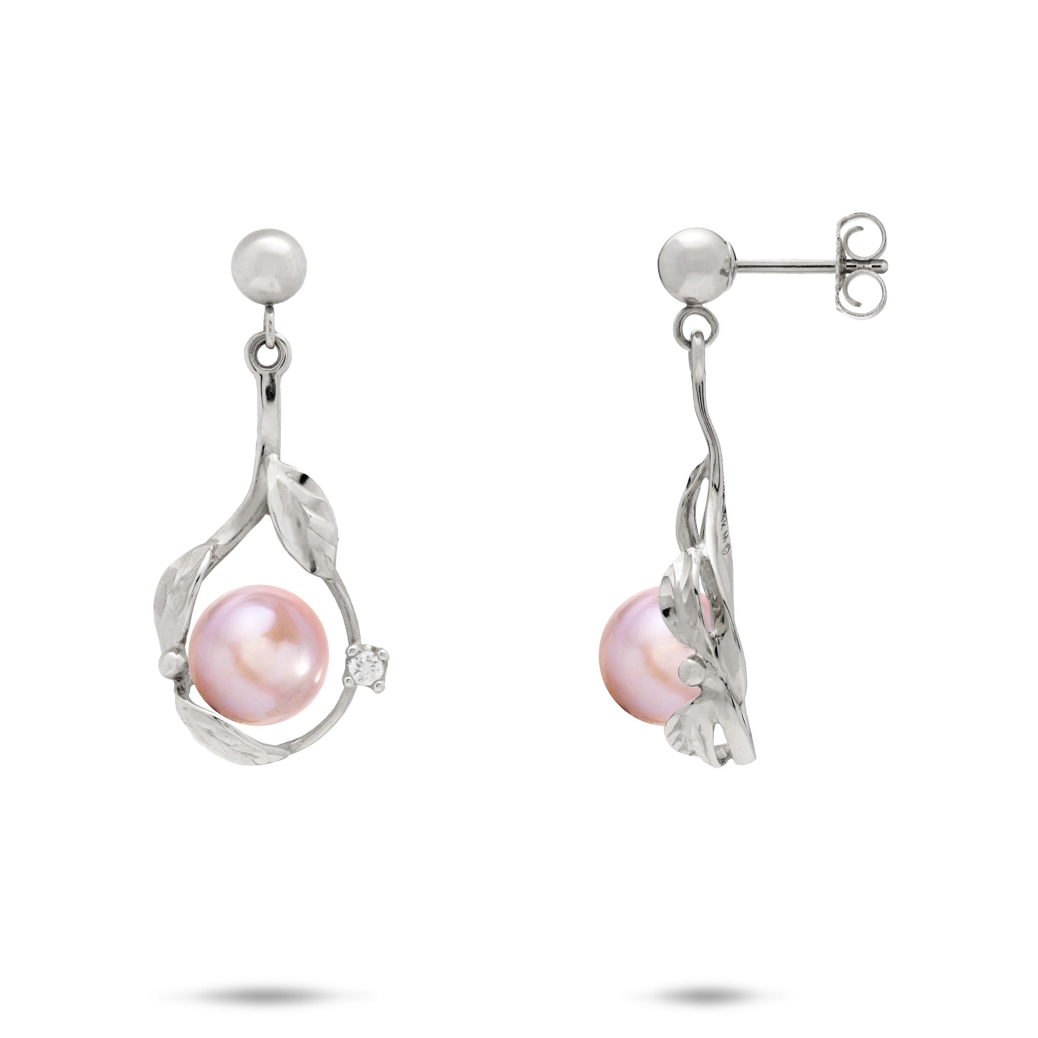 Diamond-cut Maile Leaf Teardrop Ball Post Earrings in 14k White Gold with Diamond Accents and Lavender Freshwater Pearls on a white background
