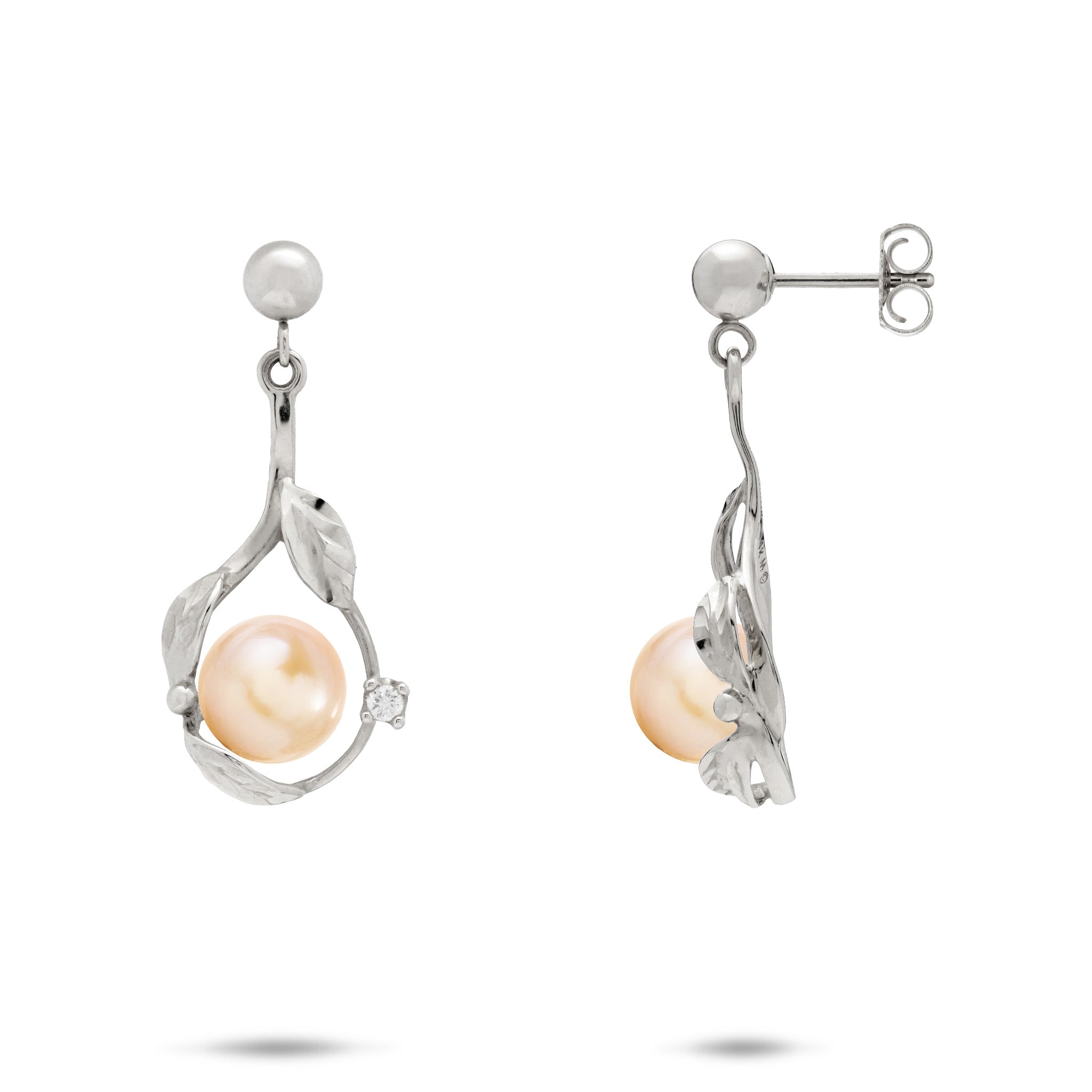 Diamond-cut Maile Leaf Teardrop Ball Post Earrings in 14k White Gold with Diamond Accents and Peach Freshwater Pearls on a white background