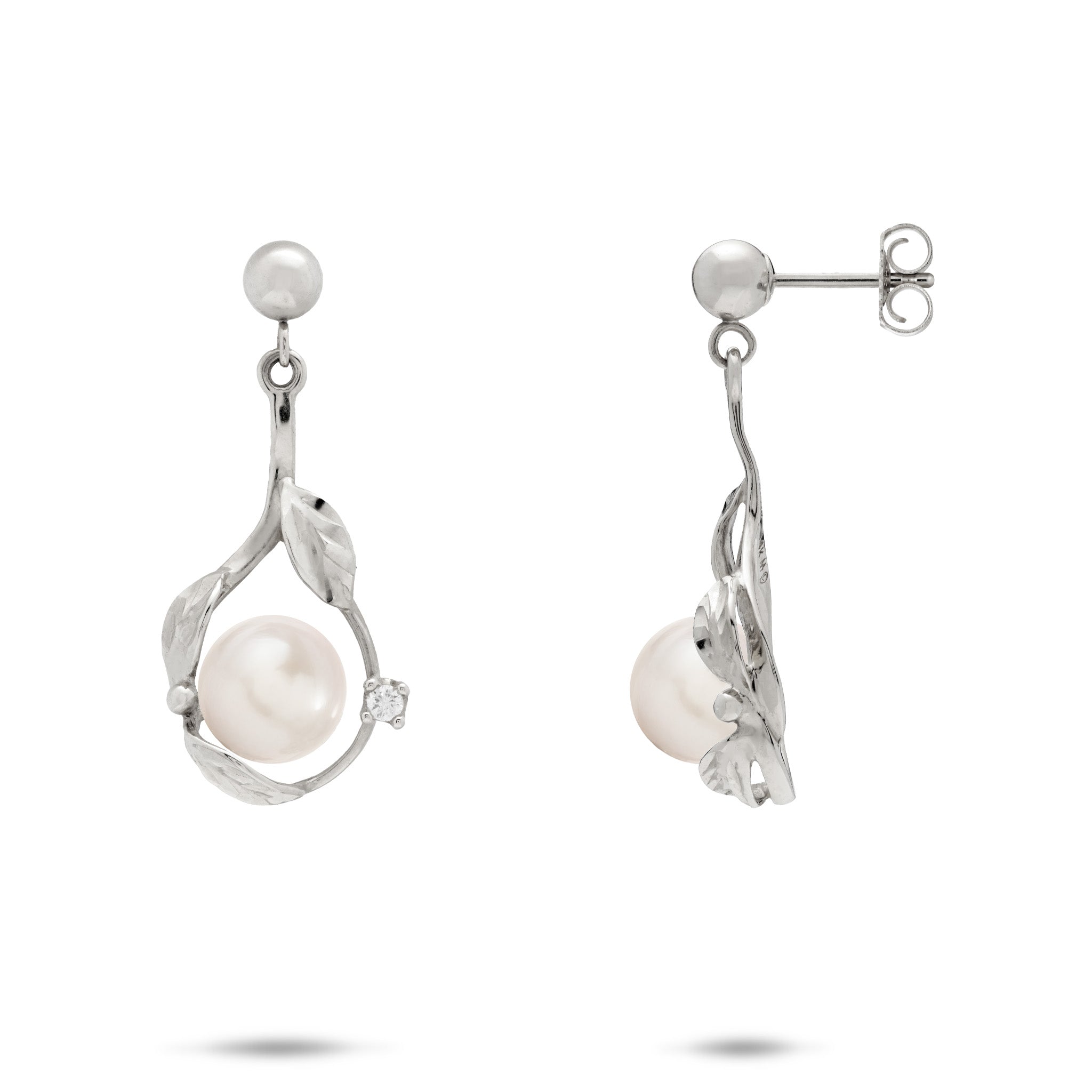 Diamond-cut Maile Leaf Teardrop Ball Post Earrings in 14k White Gold with Diamond Accents and White Freshwater Pearls on a white background