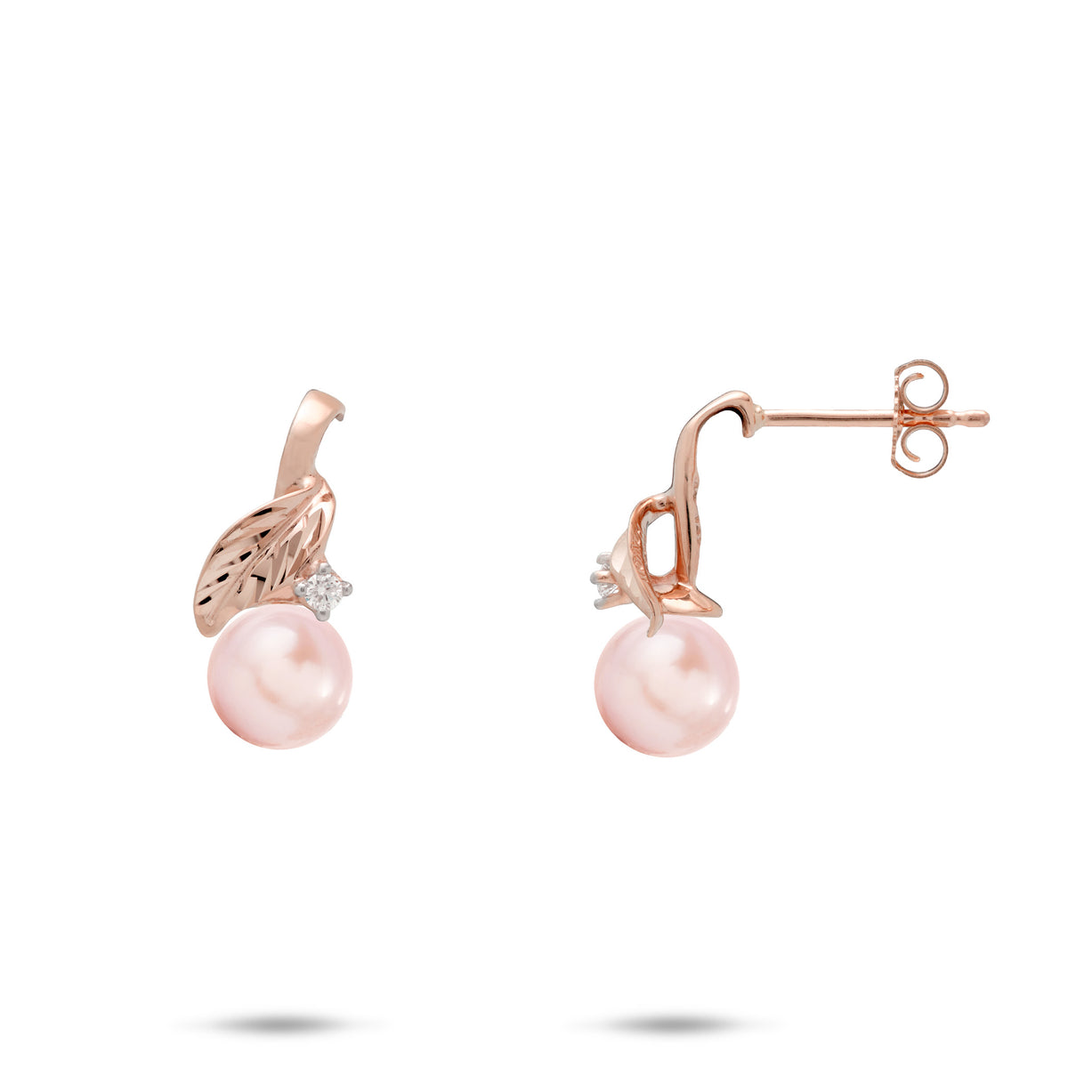 A pair of 14k rose gold diamond-cut maile lef stud earrings with a single diamond accent and pink freshwater pearl, shown with a front and side view against a white background