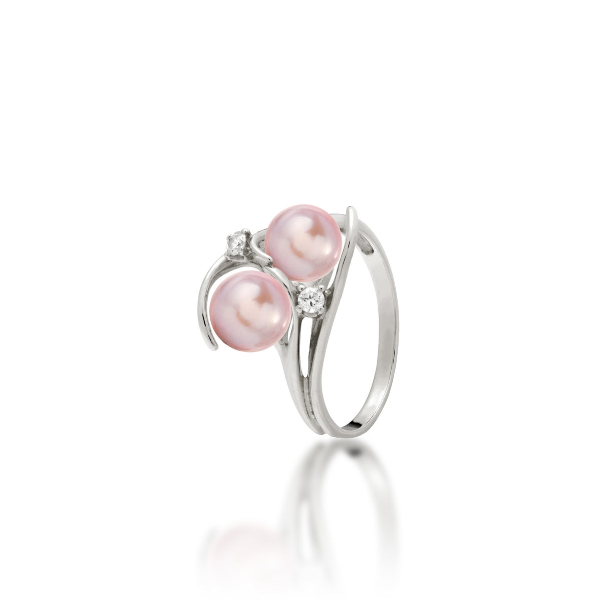 Pick A Pearl Ring in 14k White Gold with Diamonds and Double Lavender Pearls on a white background