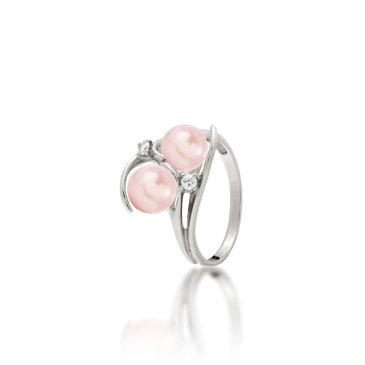 Pick A Pearl Ring in 14k White Gold with Diamonds and Double Pink Pearls on a white background