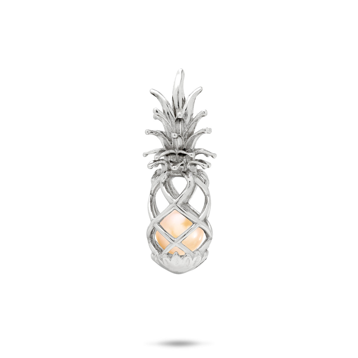 30mm Pick A Pearl Pineapple Cage Pendant in Sterling Silver with a Peach Pearl on a white background