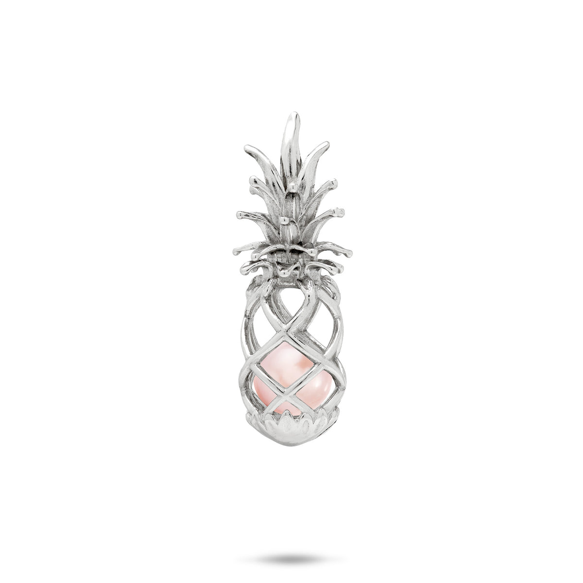 30mm Pick A Pearl Pineapple Cage Pendant in Sterling Silver with a Pink Pearl on a white background