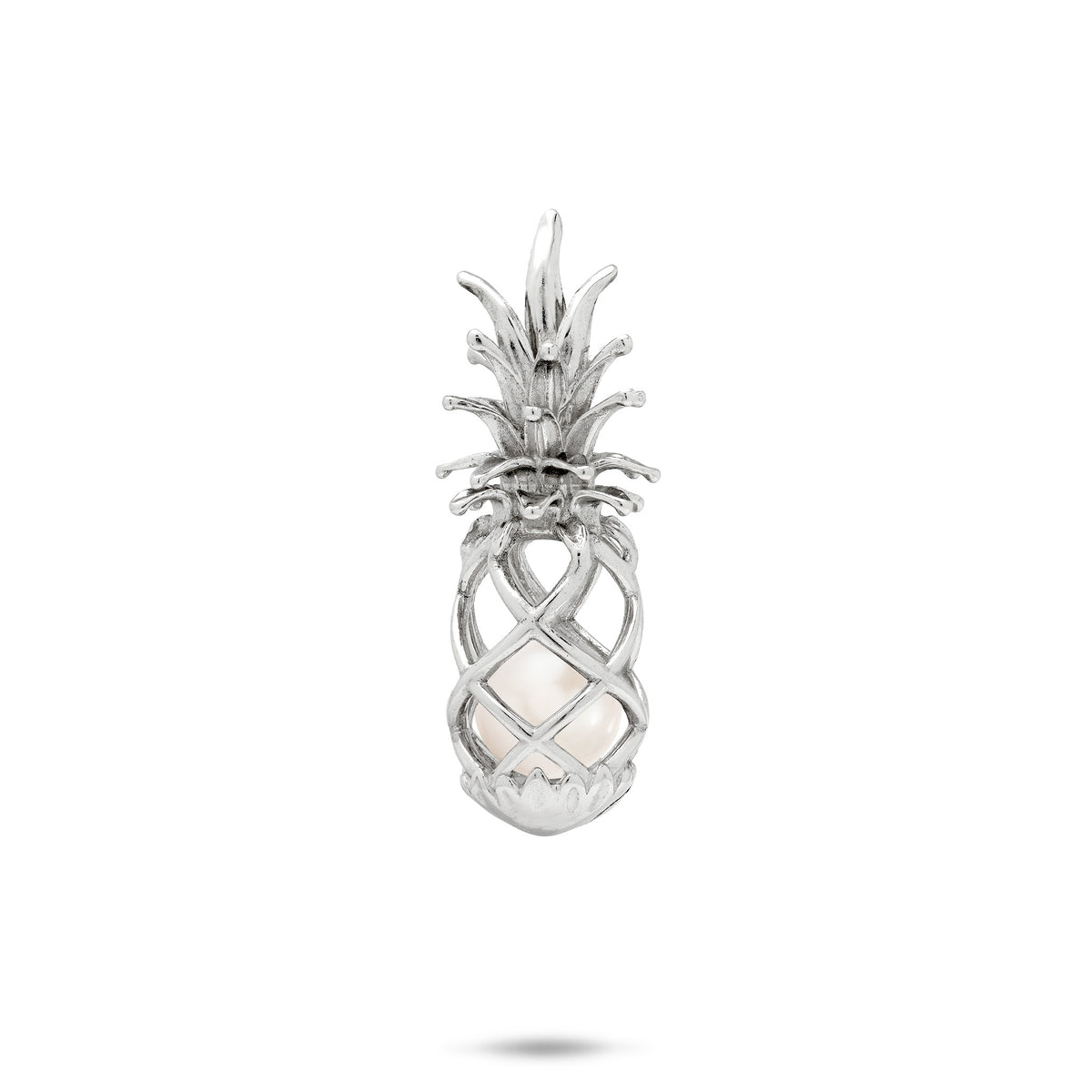 30mm Pick A Pearl Pineapple Cage Pendant in Sterling Silver with a White Pearl on a white background
