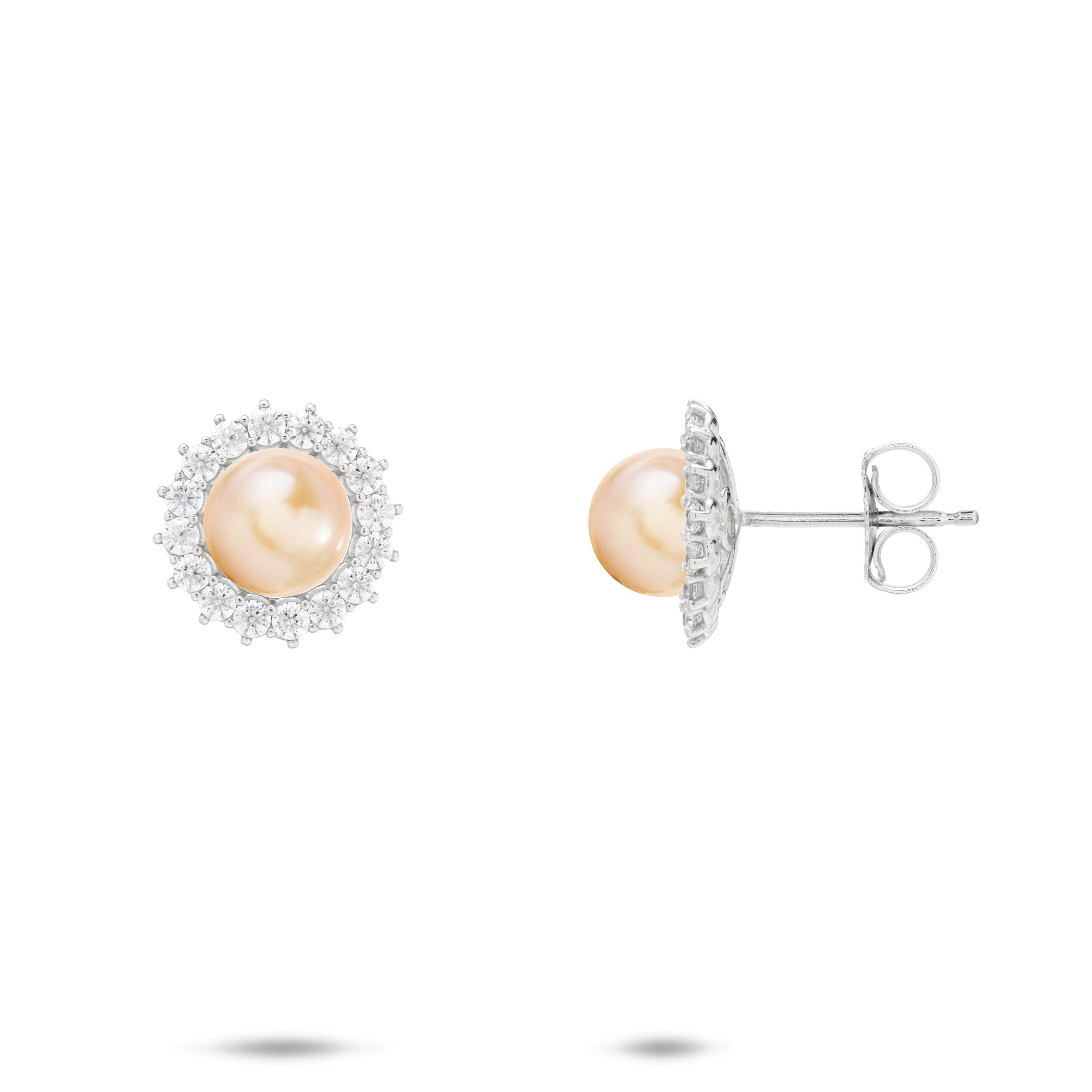 Cubic Zirconia Halo Peach Freshwater Pearl Stud Earrings in Sterling Silver on a white background