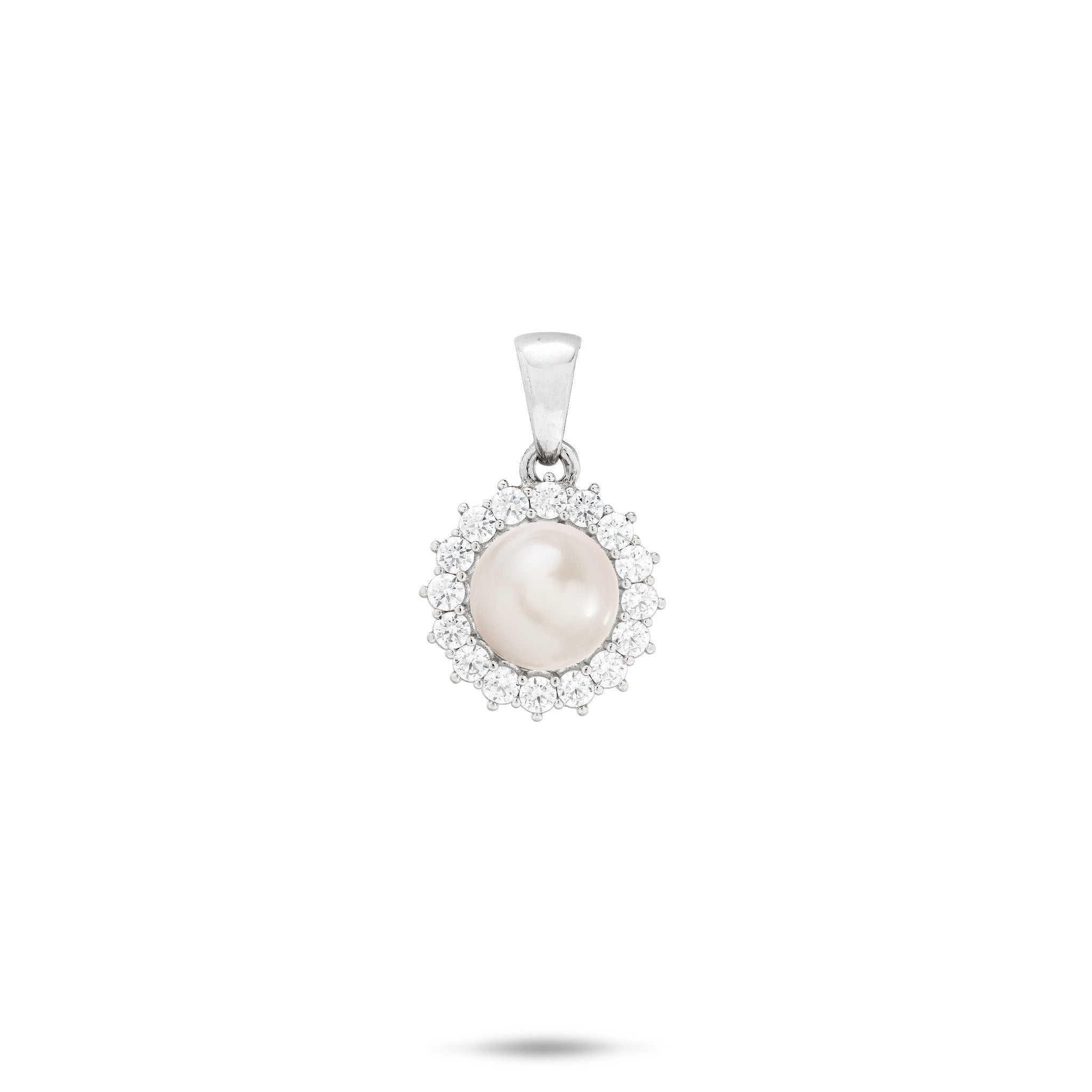 Cubic Zirconia Halo White Freshwater Pearl Pendant in Sterling Silver with High-polish bail on a white background