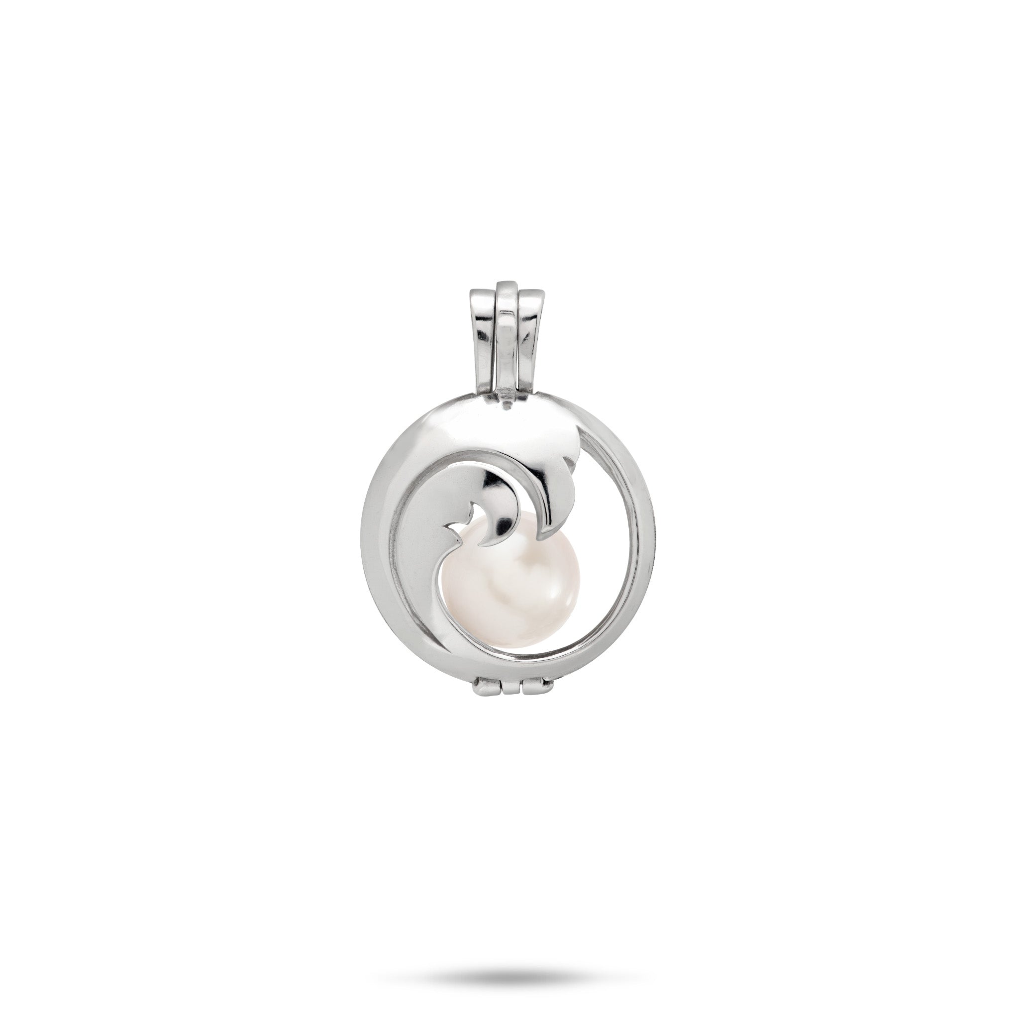15mm Pick A Pearl Nalu Cage Pendant in Sterling Silver with a White Pearl on a white background