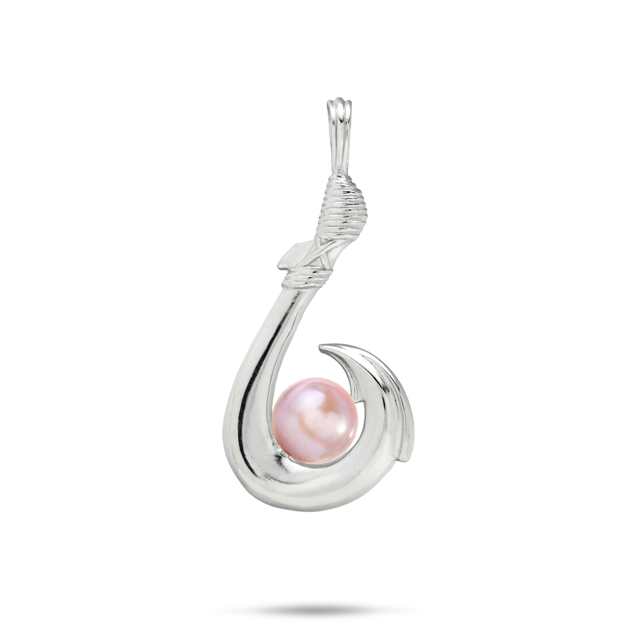 A silver fishhook pendant featuring a single lavender freshwater pearl nestled in the bottom curve of the hook, set against a plain white background