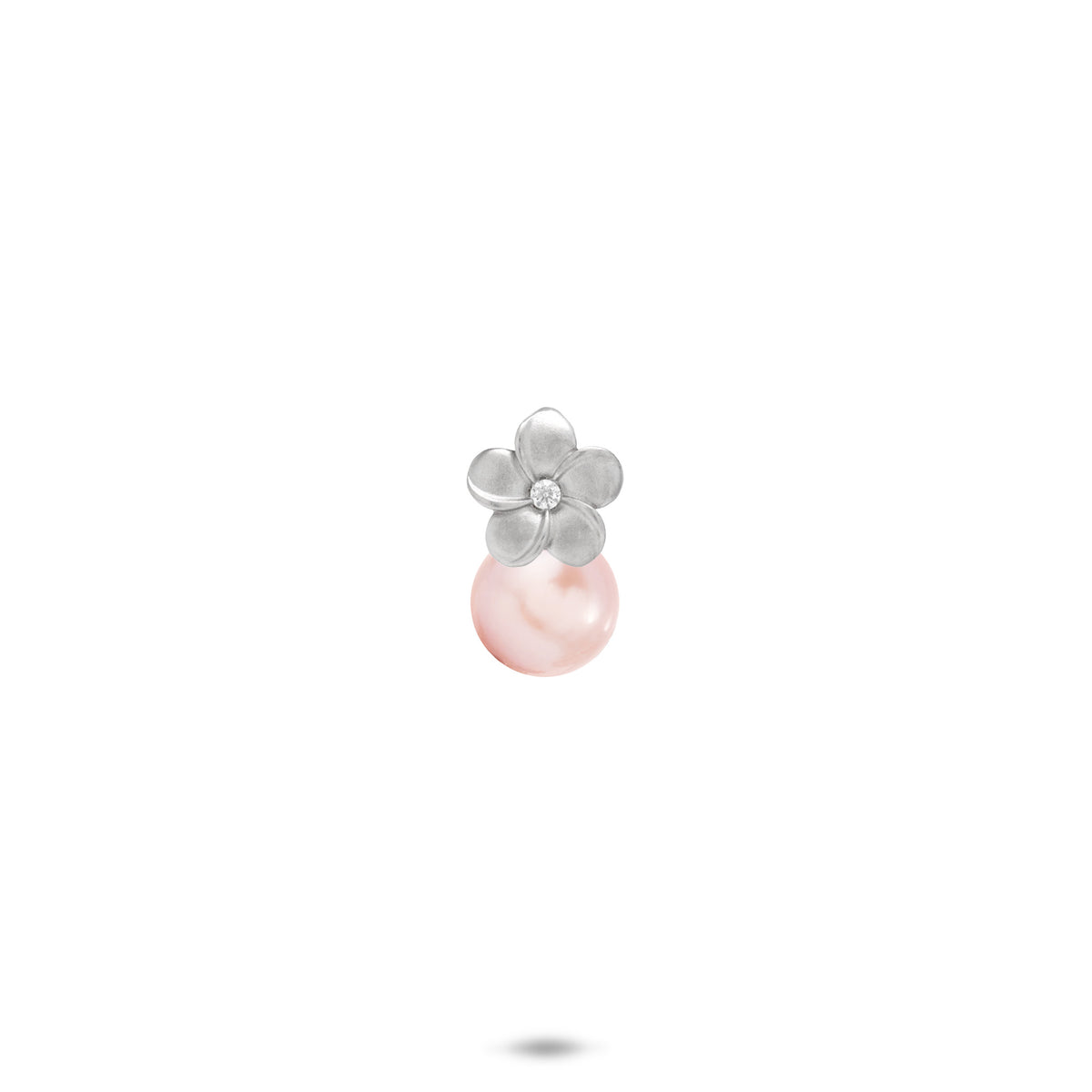 8mm Pick A Pearl Plumeria Pendant in Sterling Silver with a Cubic Zirconia and Pink Pearl on a white background
