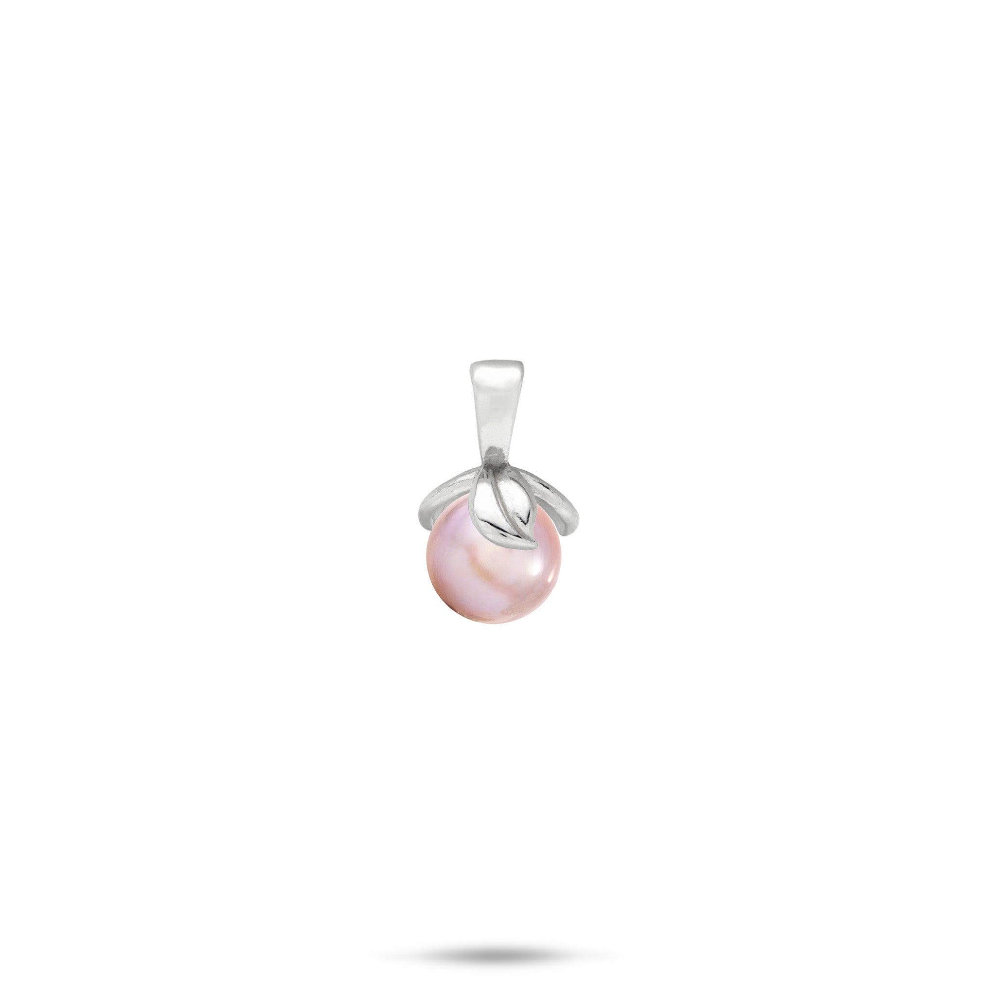 A Sterling Silver pendant featuring a single round, lavender freshwater pearl wrapped in swirling silver maile leaves, shown against a plain white background