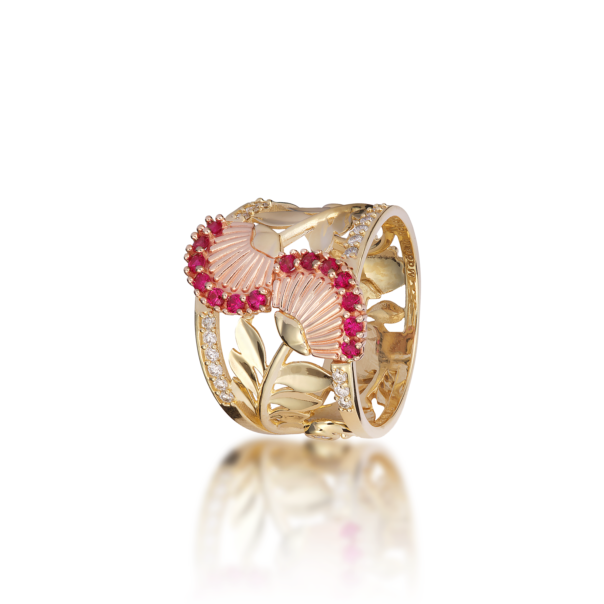 ダイヤモンド付きの2つのトーンゴールドのOhia lehua Ruby Ring
