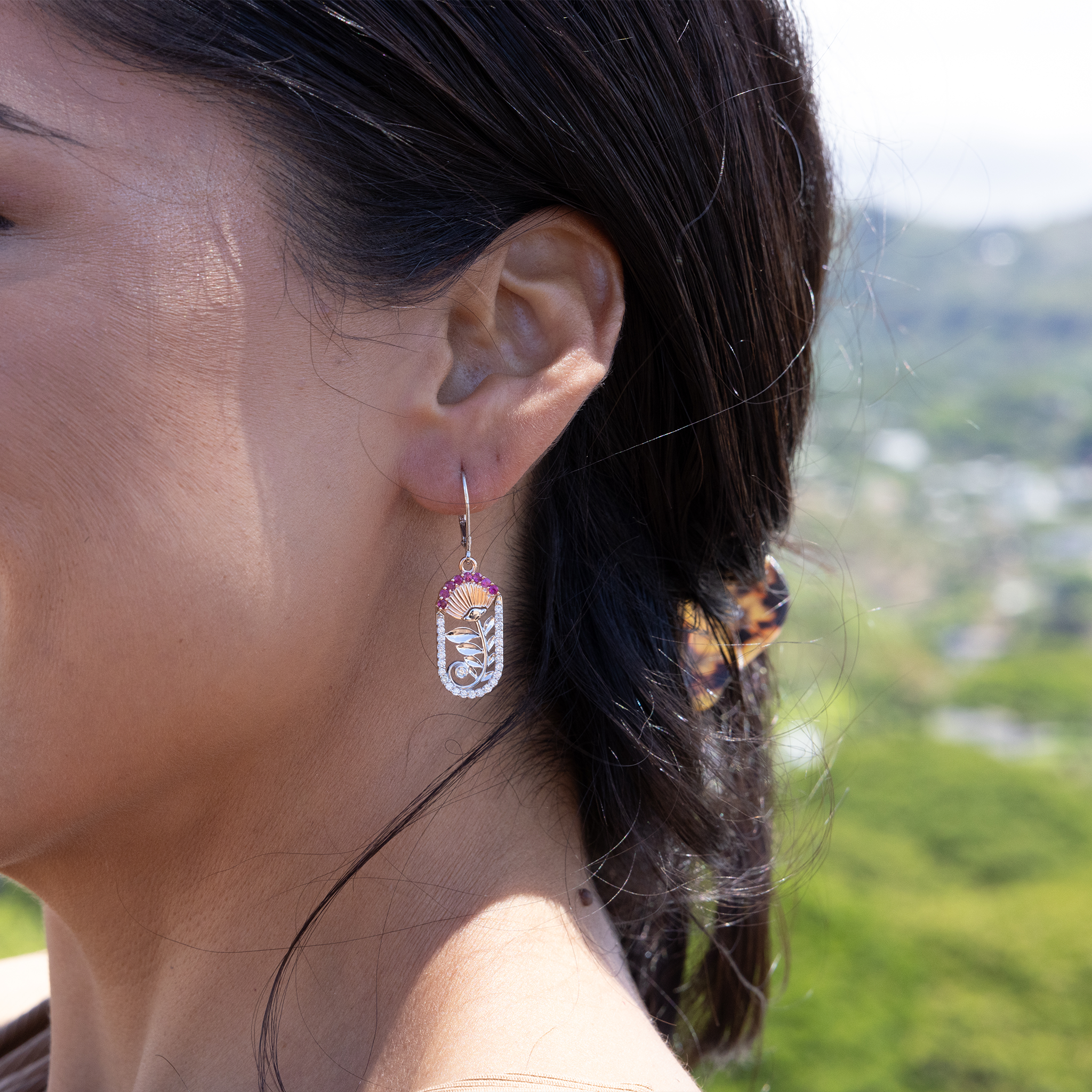ʻŌhiʻa Lehua Ruby Earrings in Two Tone Gold with Diamonds - 24mm