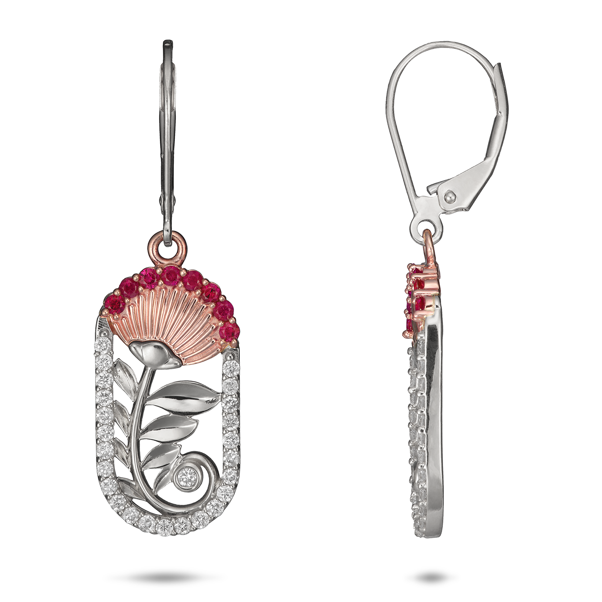 ʻŌhiʻa Lehua Ruby Earrings in Two Tone Gold with Diamonds - 24mm