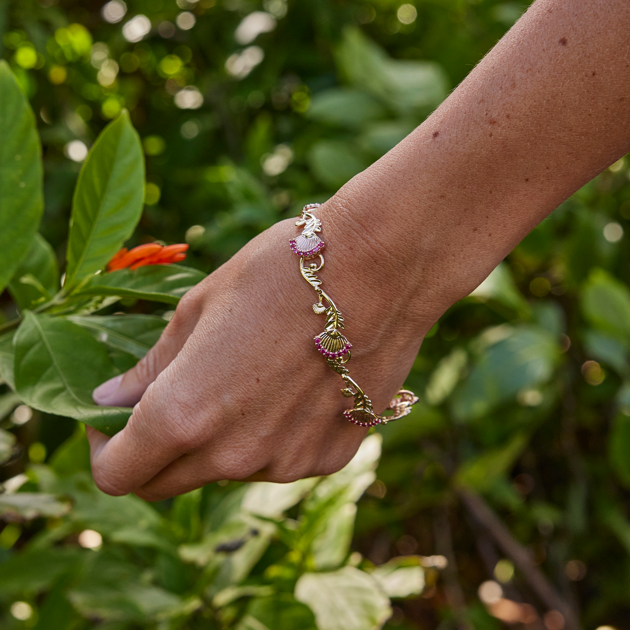 ʻŌhiʻa Lehua Ruby Bracelet in Two Tone Gold