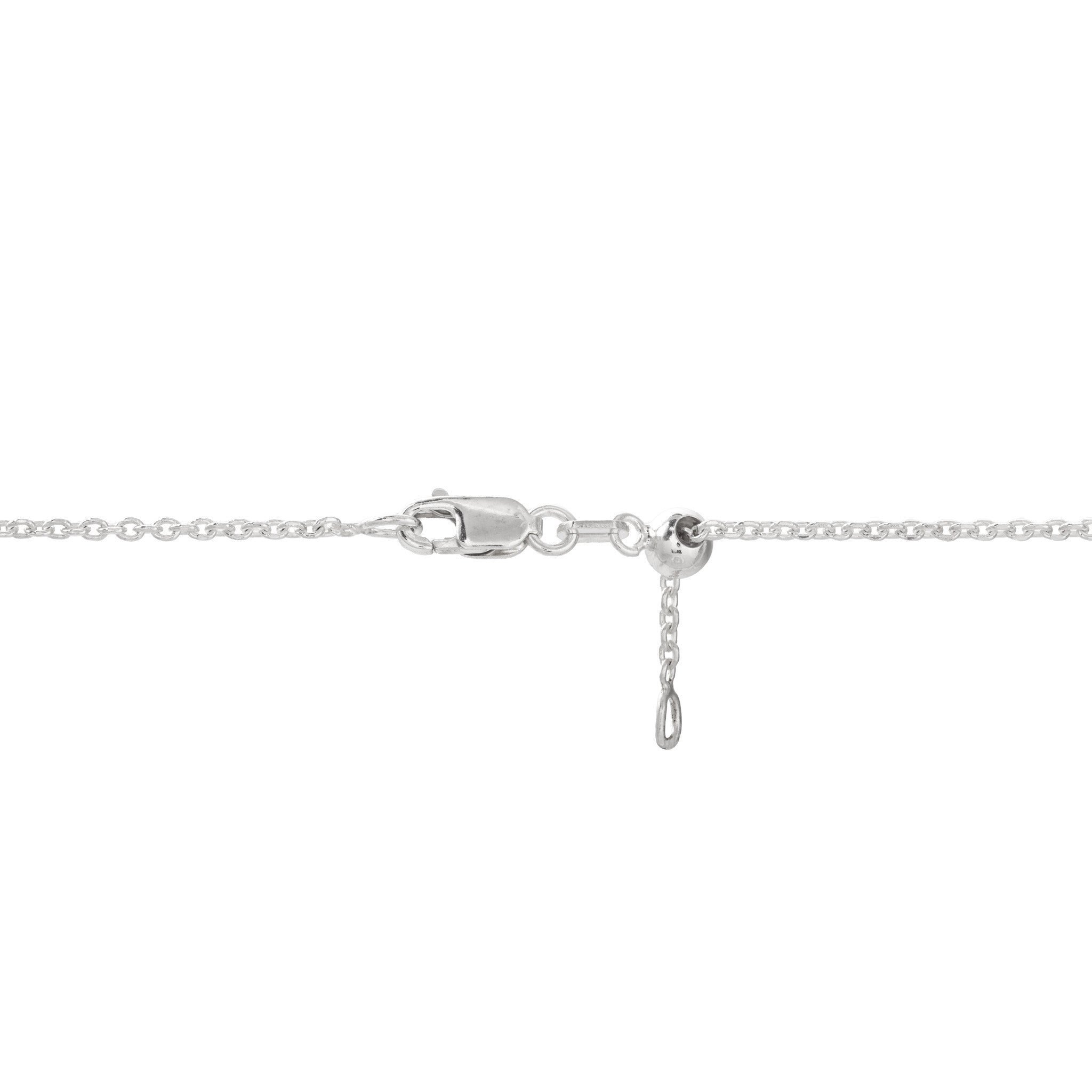 Close-up of a cable chain, lobster claw clasp, and adjustable ball mechanism on a white background