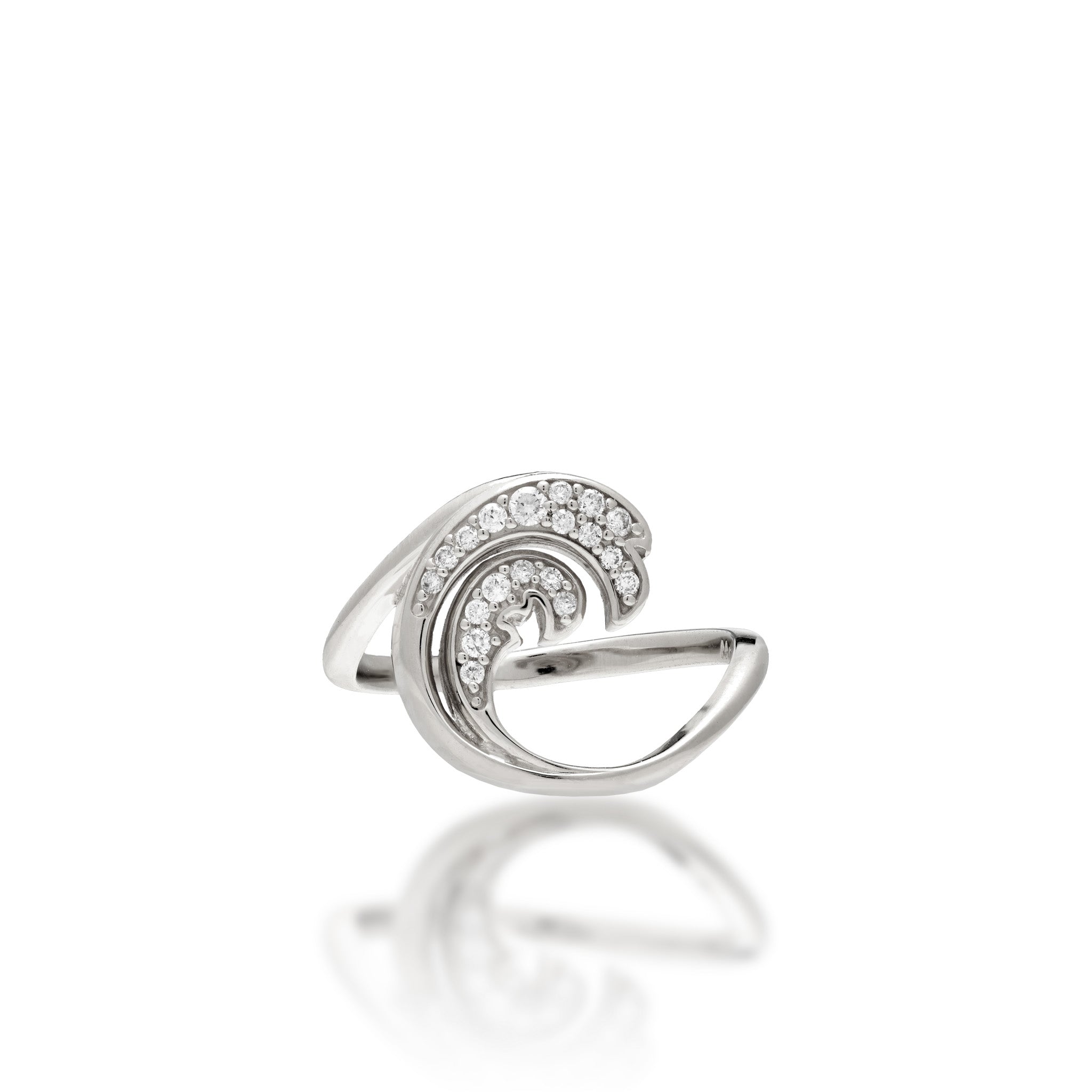 Top view of a 15mm Nalu (Wave) Ring in 14k Yellow Gold with a diamond double wave design and high-polish on a white background
