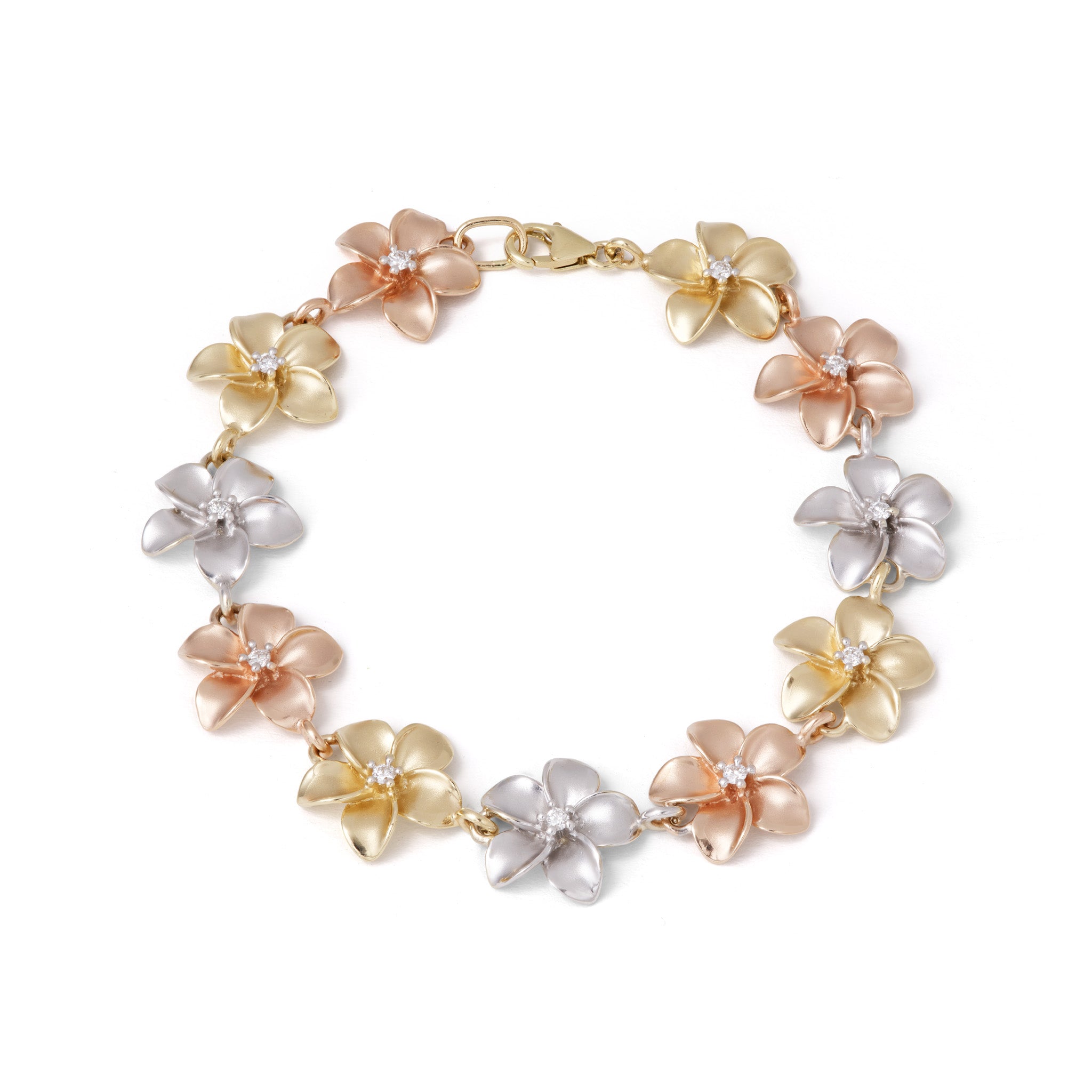 Plumeria Bracelet in Tri Color Gold with Diamonds - 13mm