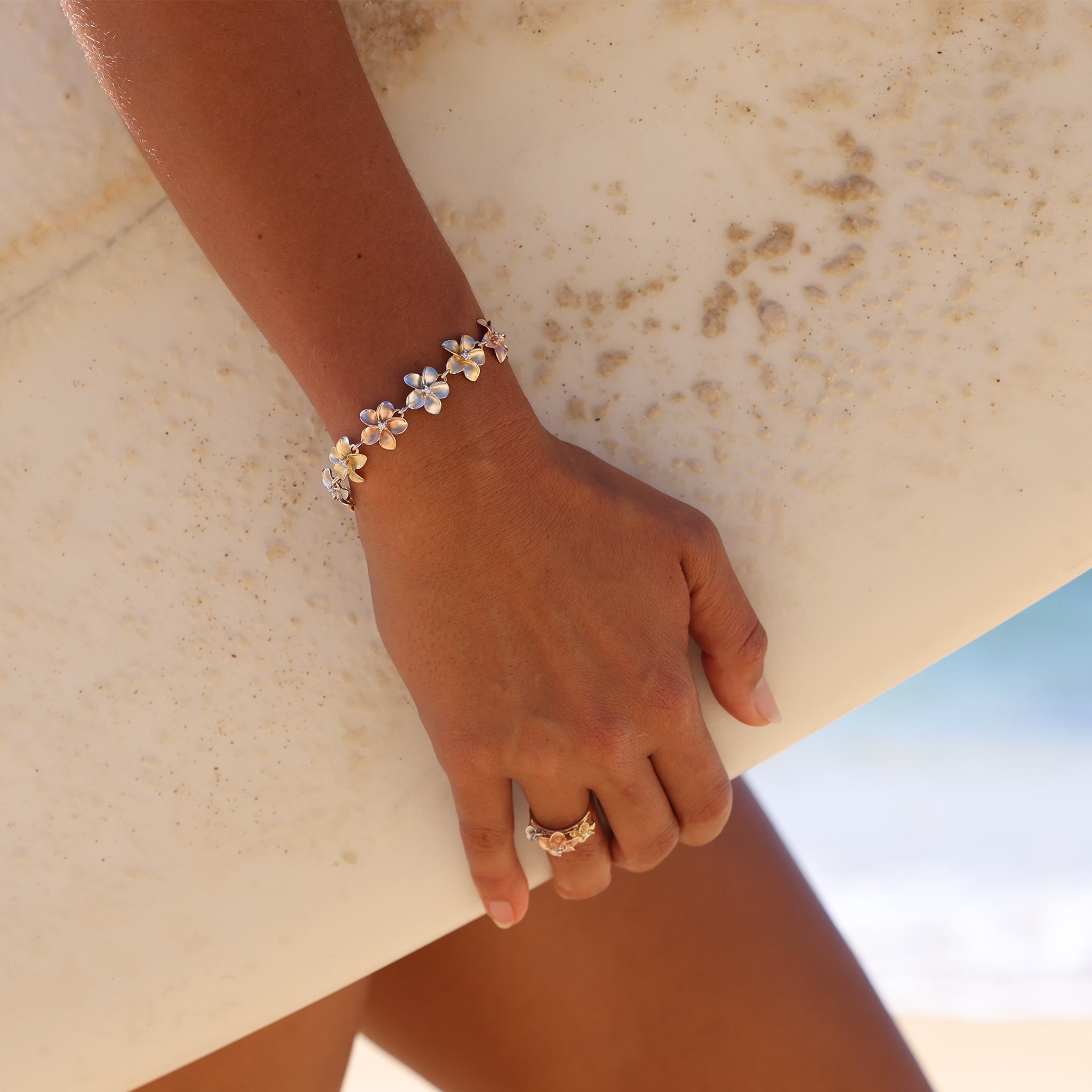Plumeria Bracelet in Tri Color Gold with Diamonds - 13mm