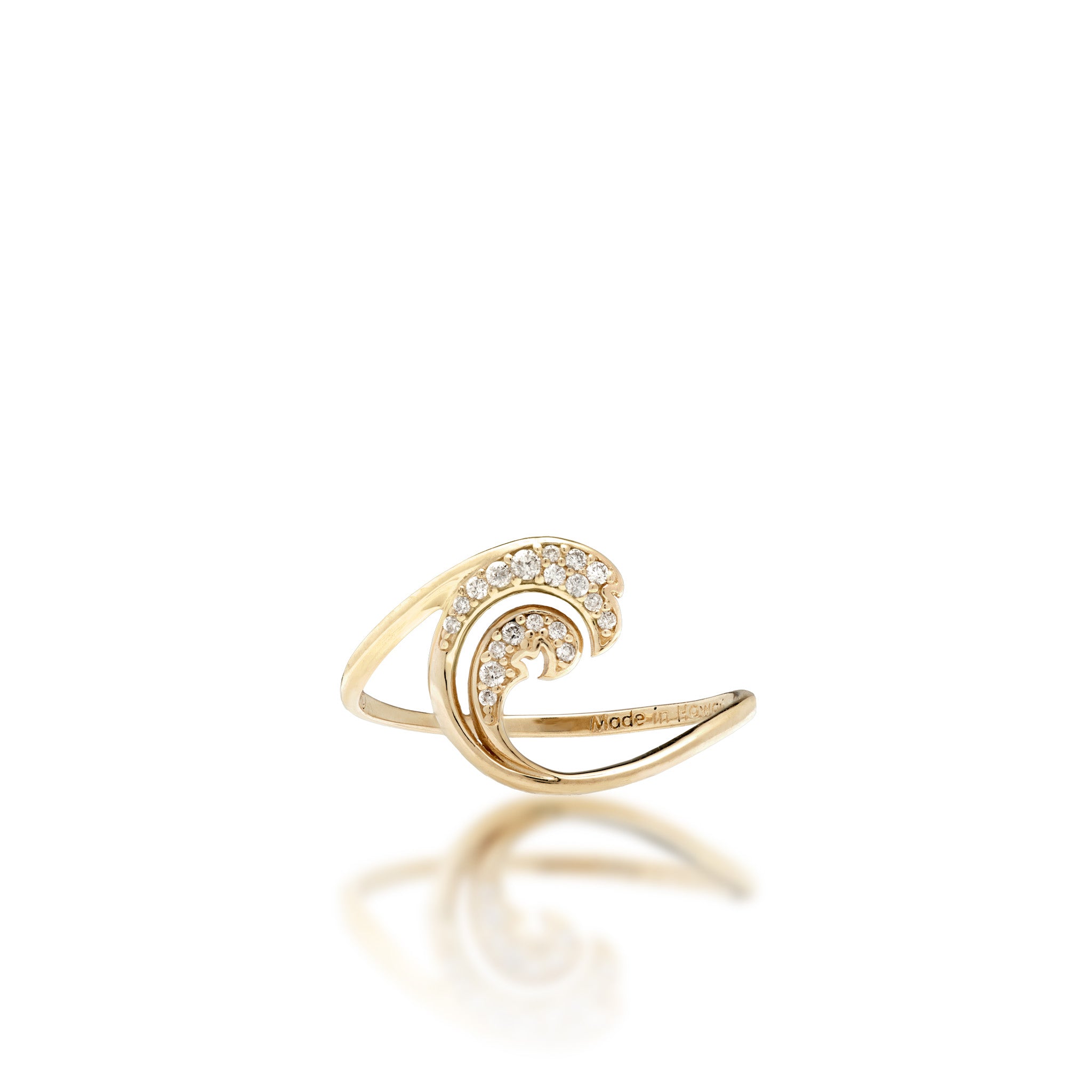 Top view of a 12mm Diamond Nalu (Wave) Ring in 14k Yellow Gold with a High-polish finish on a white background