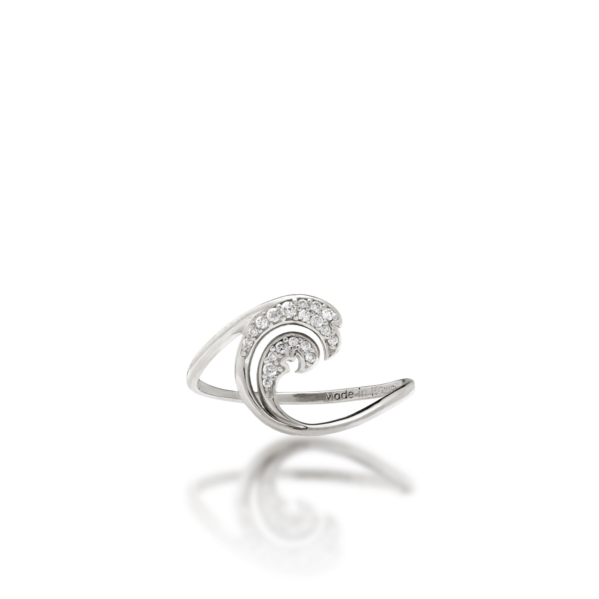Top view of a 12mm Nalu (Wave) Ring in 14k white gold with a diamond-wave design and a high-polish finish on a white background