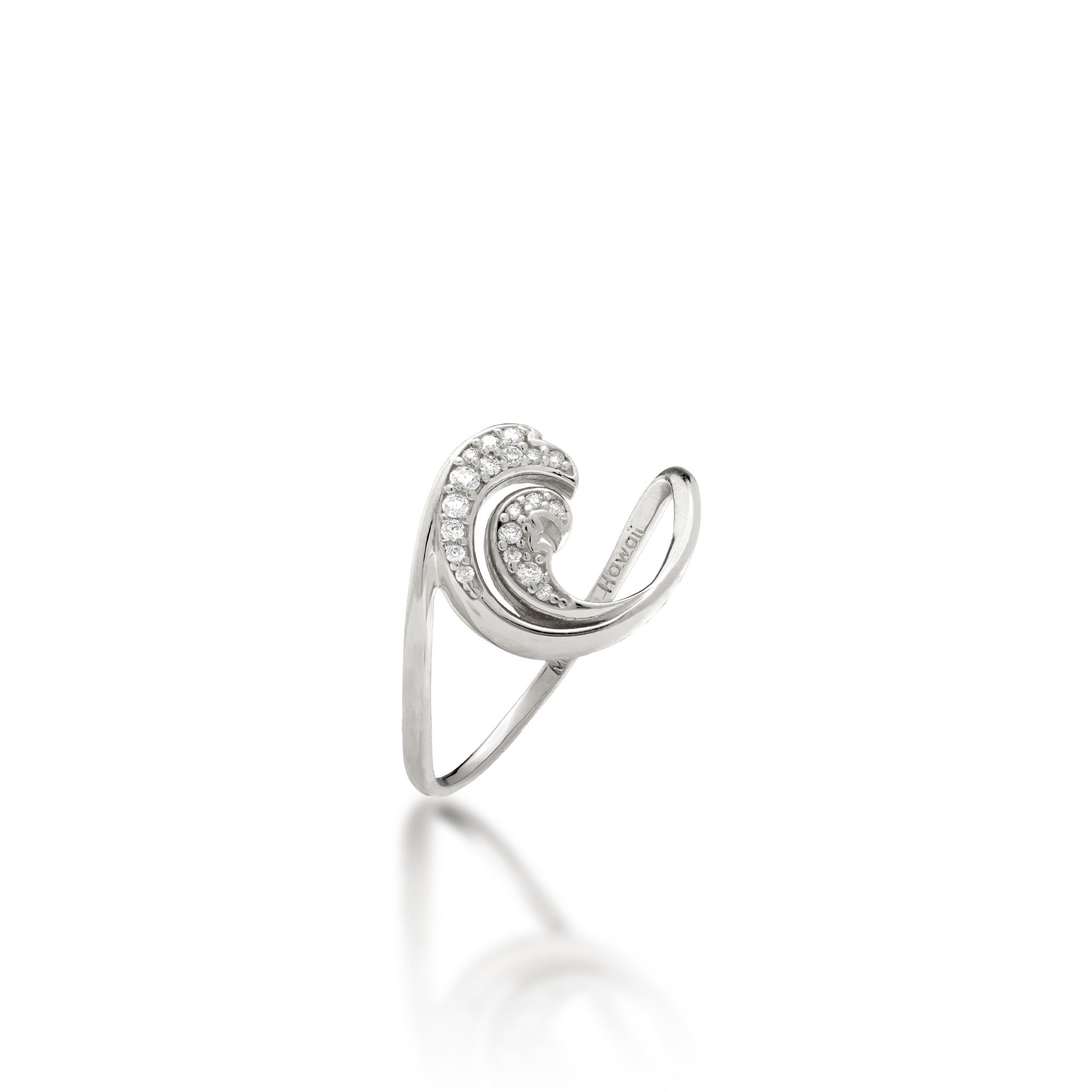 Angle view of a 12mm Nalu (Wave) Ring in 14k white gold with a diamond-wave design and a high-polish finish on a white background