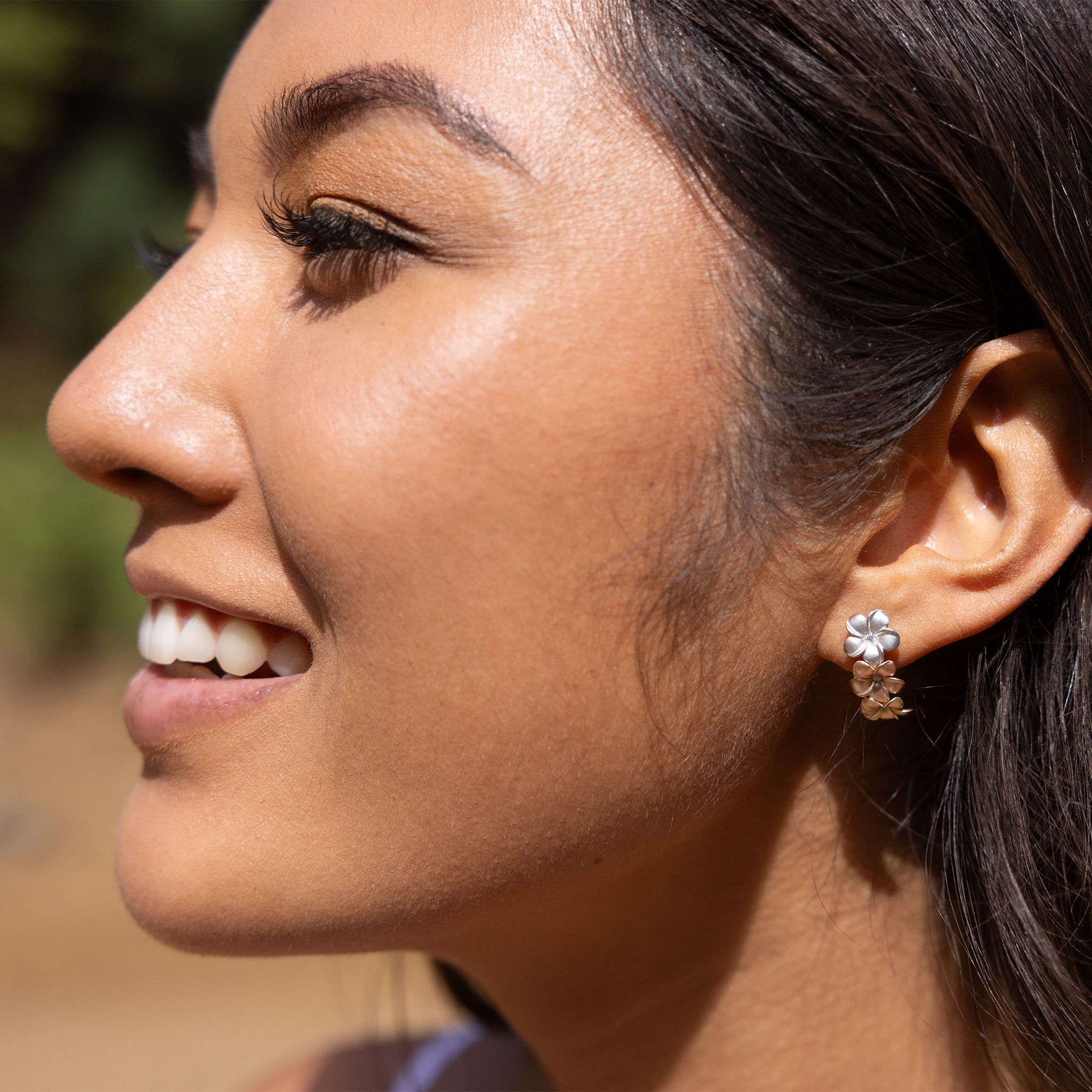 Plumeria Earrings in Tri Color Gold with Diamonds