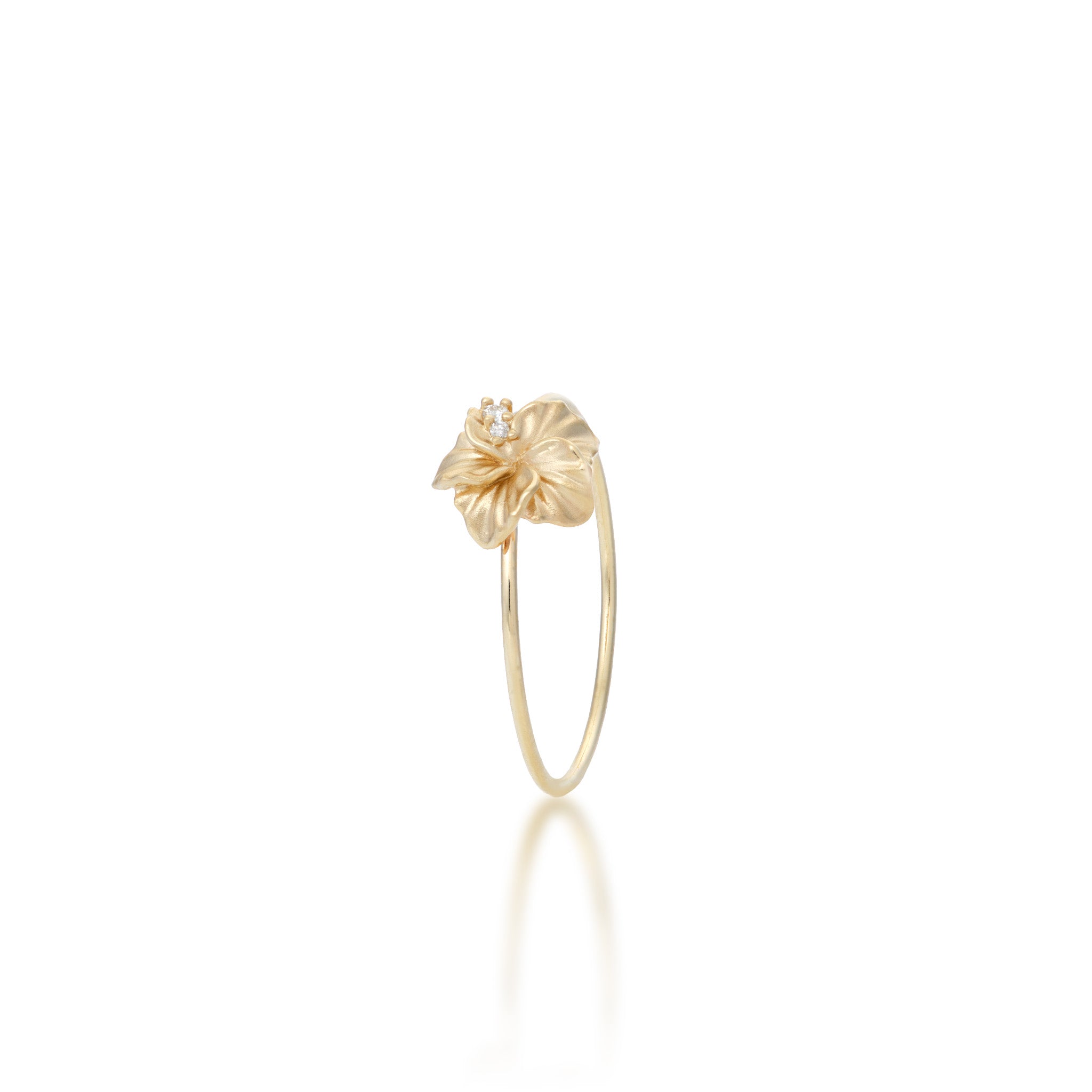 8mm Hawaiian Gardens Hibiscus Ring in 14k Yellow Gold with Diamonds on a white background
