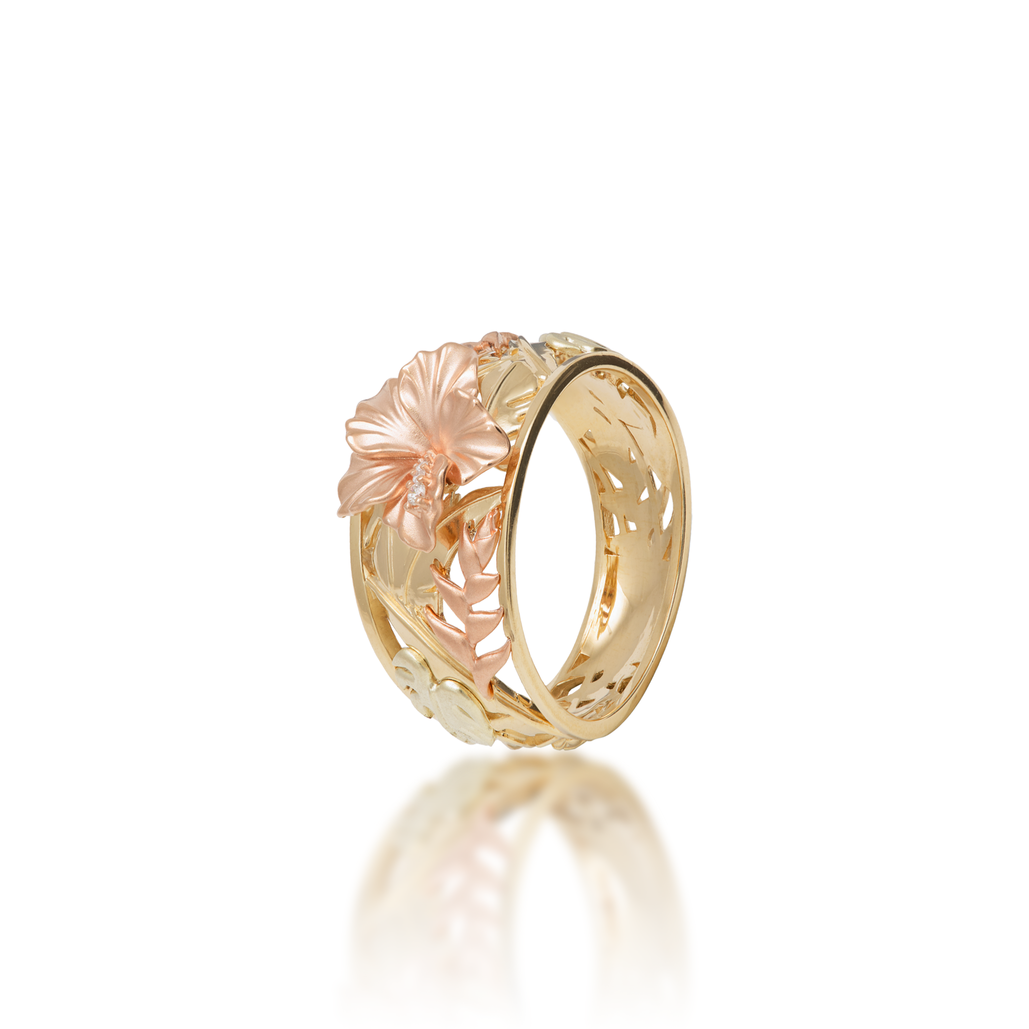 Hawaiian Gardens Hibiscus Ring in Tri Color Gold with Diamonds - 12mm
