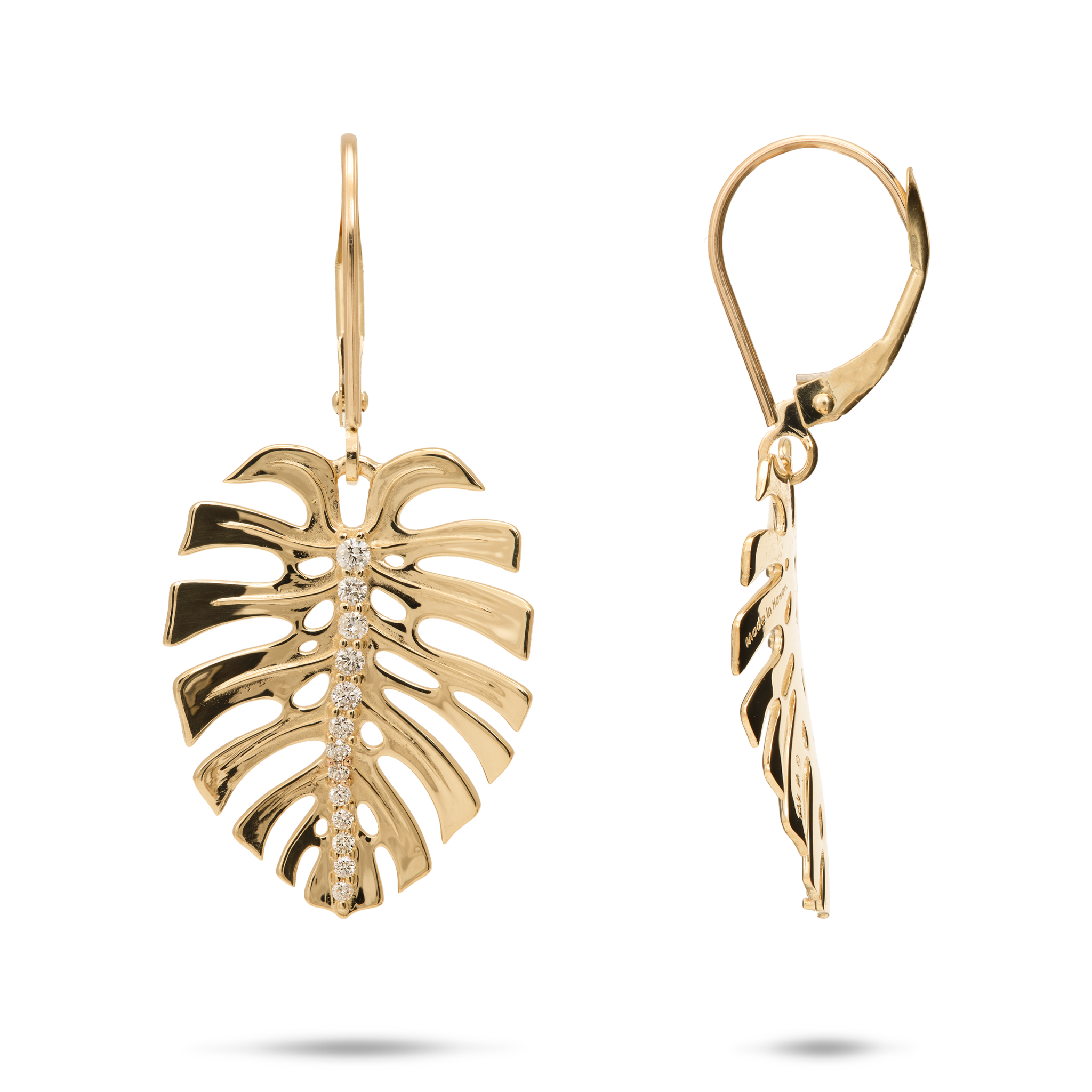 Monstera Earrings in Gold with Diamonds - 23mm