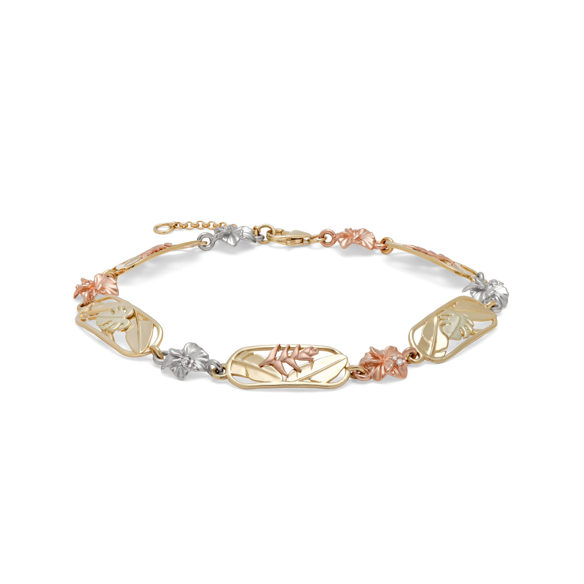 A 14k yellow gold link bracelet with alternating diamond hibiscus flowers in rose and white gold, alternating rounded rectangular framed high-polish yellow gold banana leaves with rose gold heliconia, and alternating rounded rectangular framed high-polish yellow gold banana leaves with green gold monstera, shown on a white background