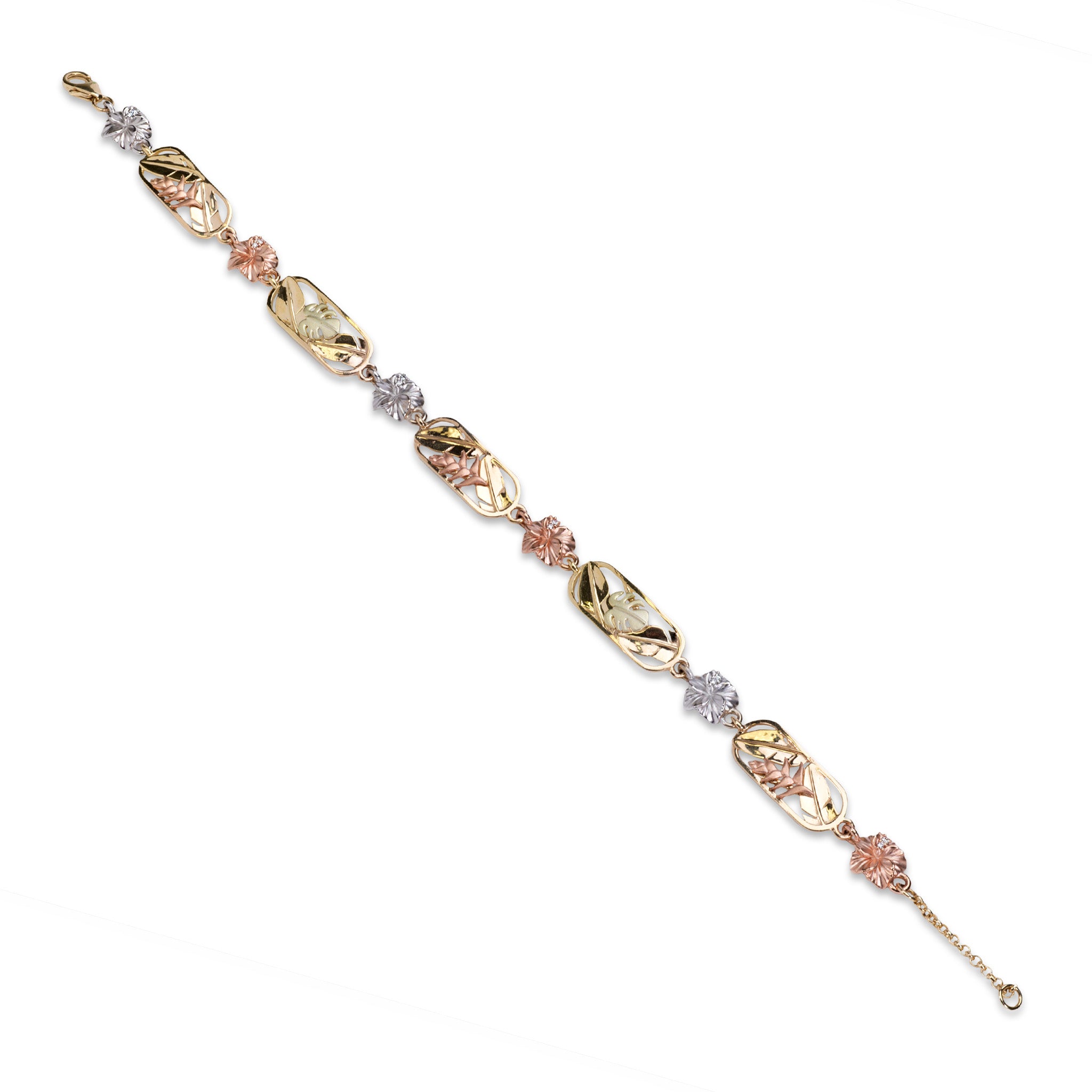 7.25-8.25" Adjustable Hawaiian Gardens Hibiscus Bracelet in Four Tone Gold with Diamonds