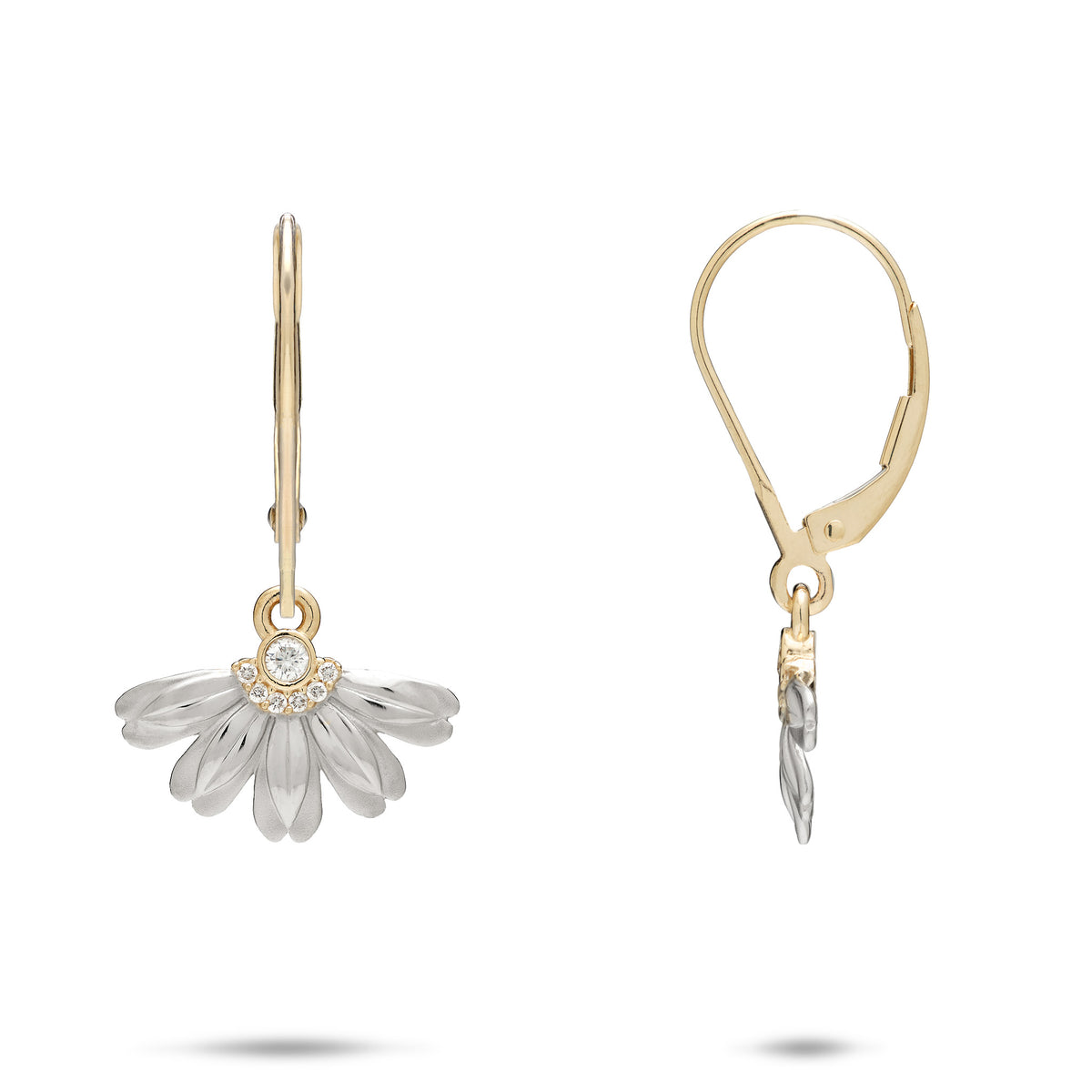 A pair of 14k yellow and white gold leverback earrings with a beach naupaka flower design with satin and high-polish petals, and center diamonds with a row of curved diamonds around it, shown with a front and side profile view, against a white background